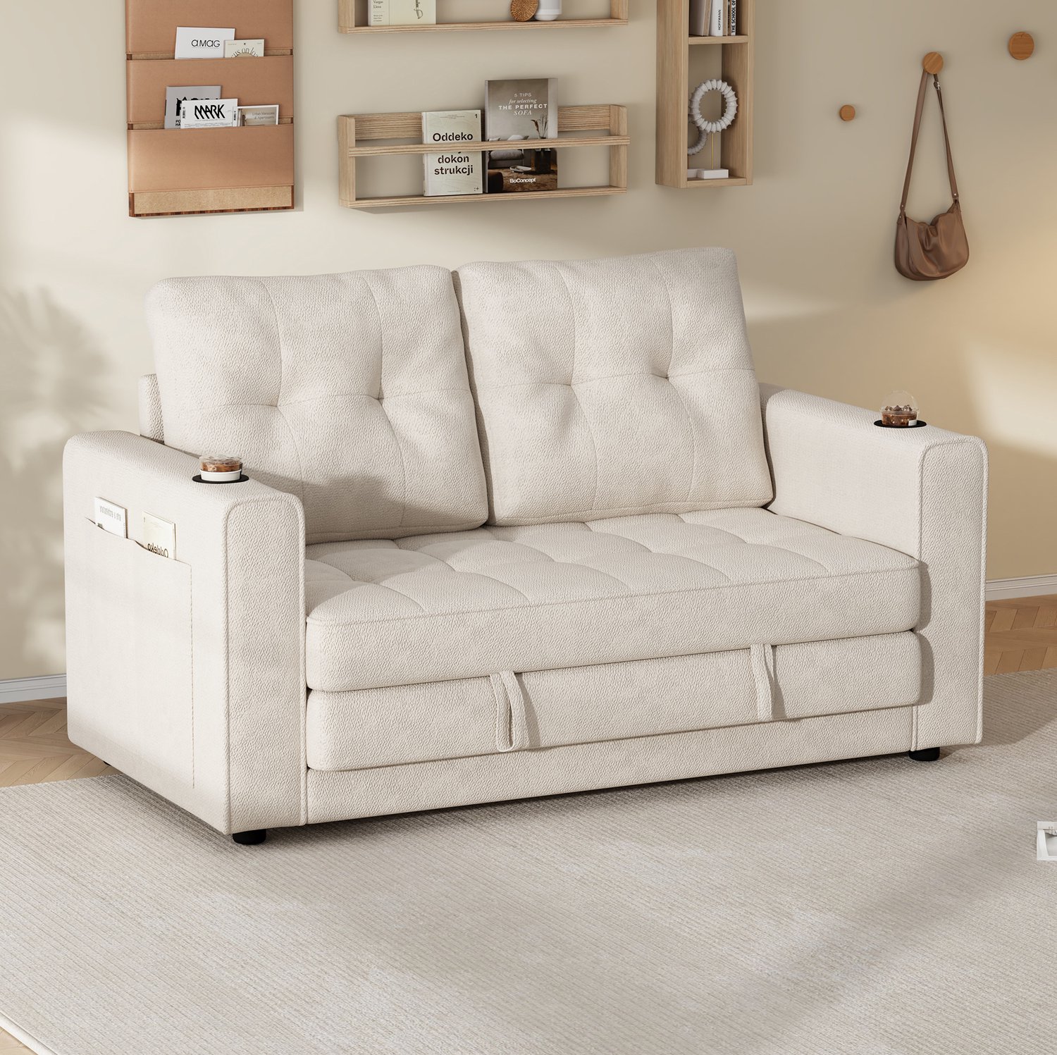 MODENUIT Slaapbank 141 x 79 x 93 cm - Uitschuifbaar Met Bekerhouders - Voor Woonkamer - Chenille - Beige