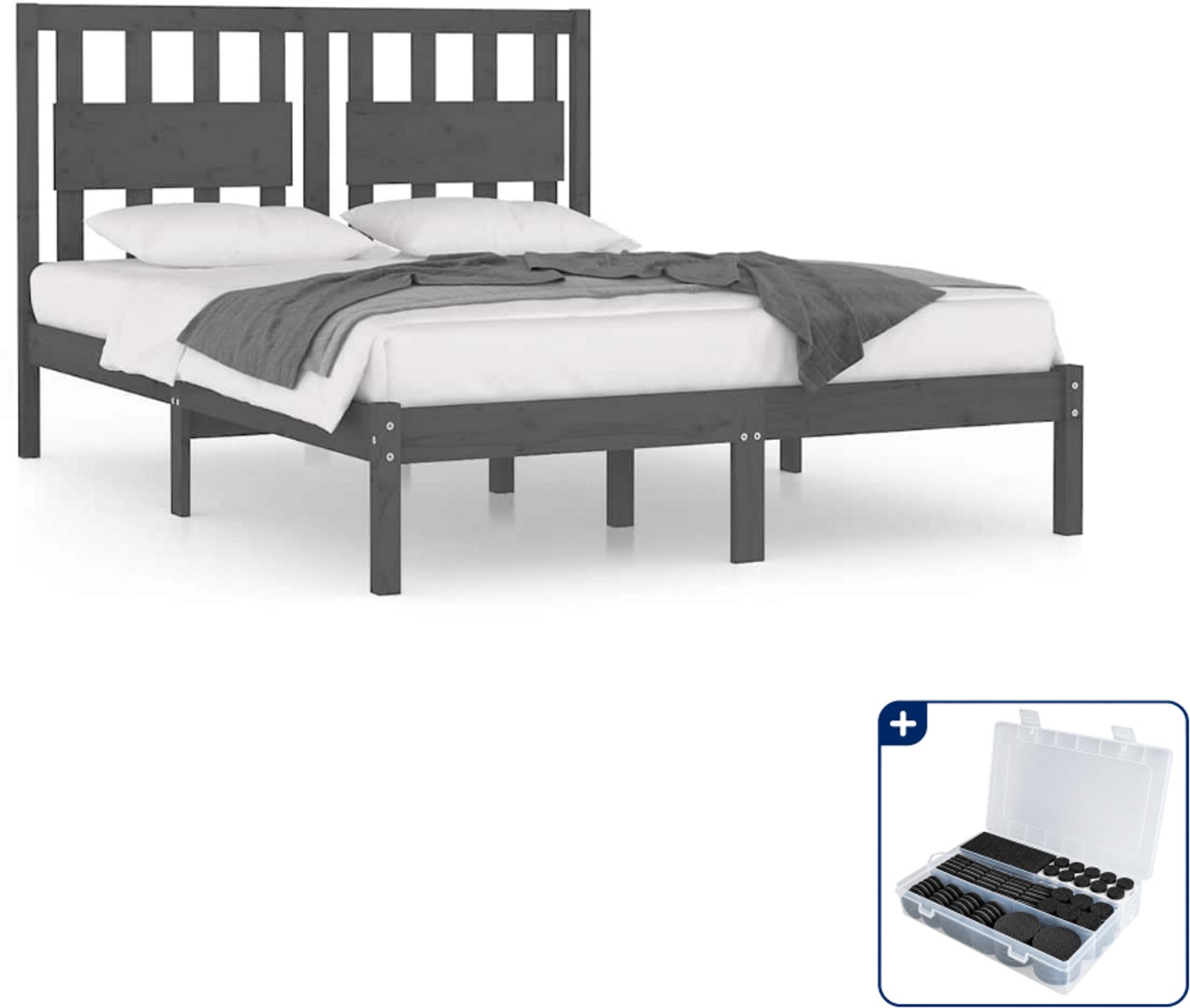vidaXL bedframe - 200 x 200 cm - massief grenenhout - grijs - Inclusief antikrasvilt 177-delig Blauw