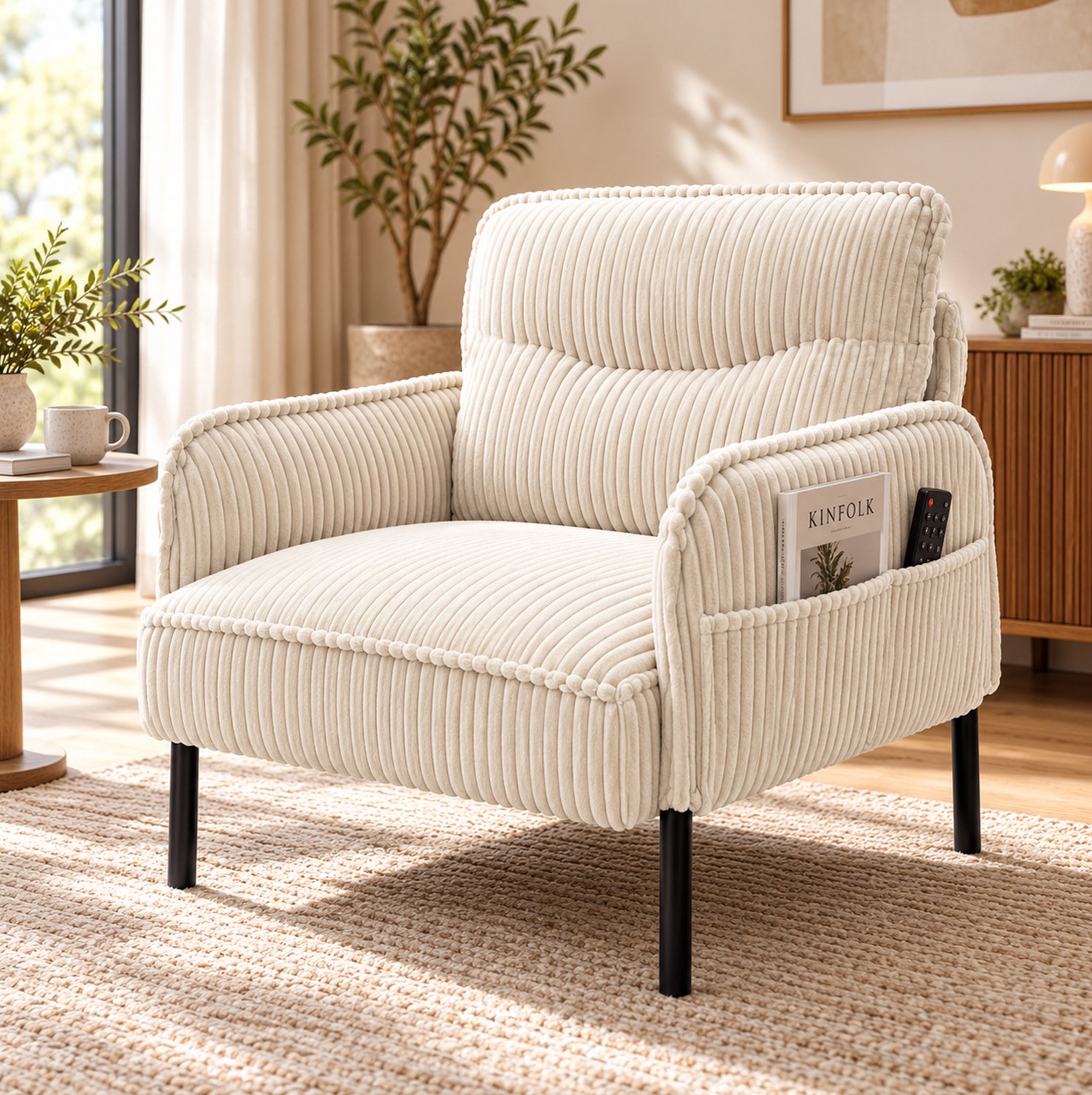 FloraGrace Fauteuil 69 x 73 x 83 cm - Hoge Rugleuning en Zijvakken - Voor Woonkamer en Slaapkamer - Ribstof en Metaal - Beige