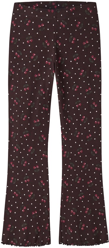 Bruine geribbelde flared broek met een patroon van kleine witte stippen en rode kersen.
