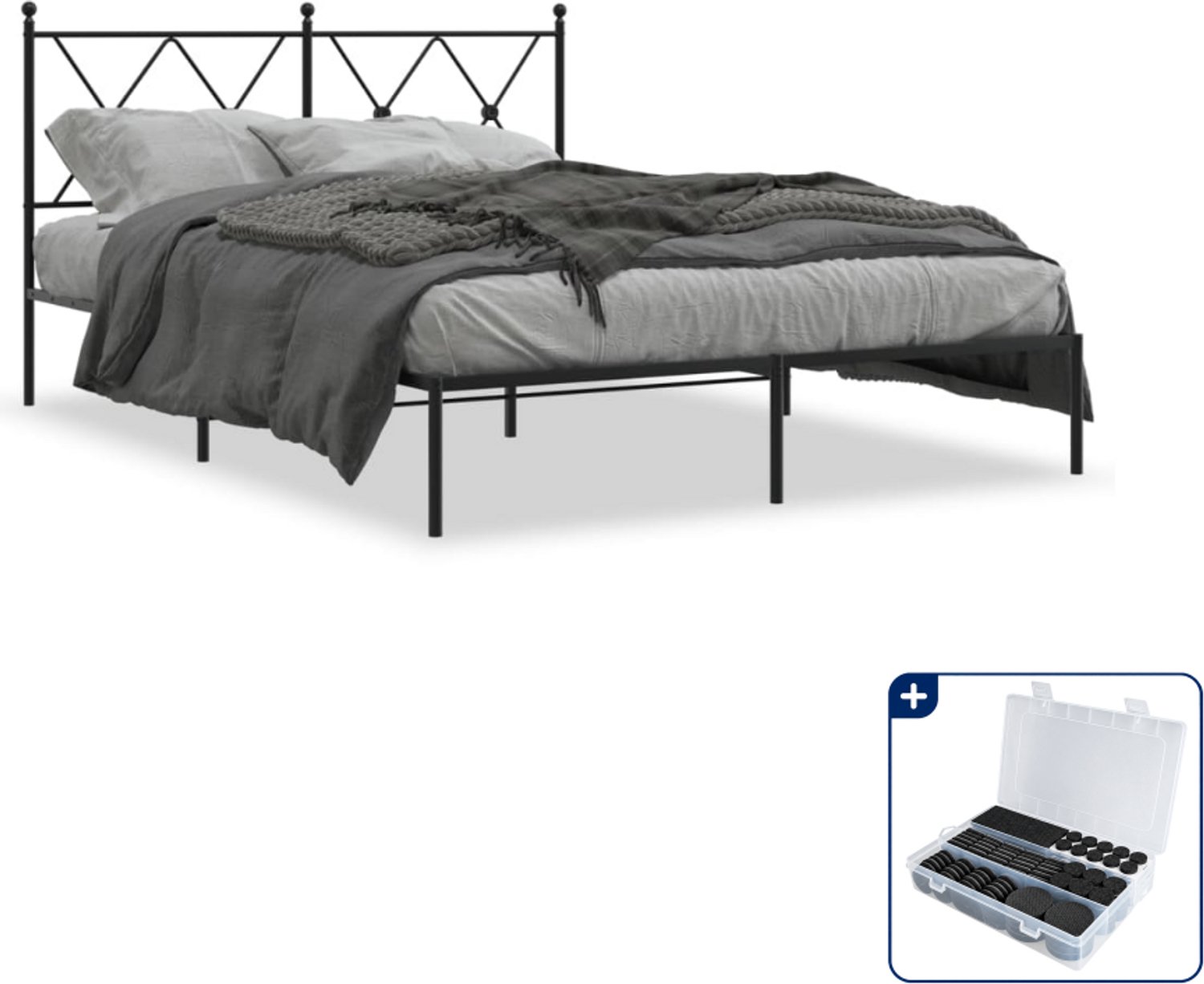 vidaXL Bedframe met hoofdbord - 135 x 190 cm - staal - zwart - Inclusief antikrasvilt 177-delig
