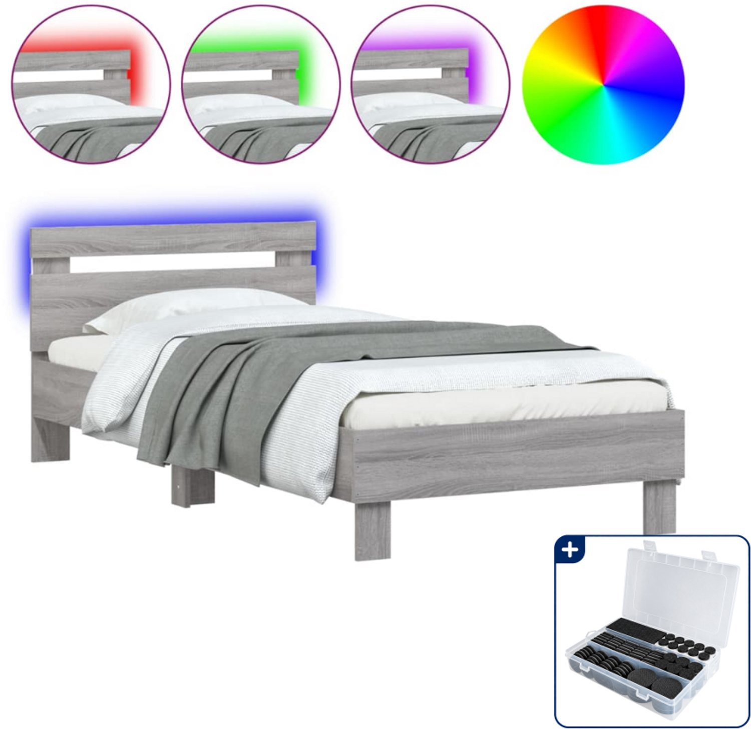 vidaXL bedframe met hoofdbord en LED - 90 x 200 cm - grijs sonoma - Inclusief antikrasvilt 177-delig