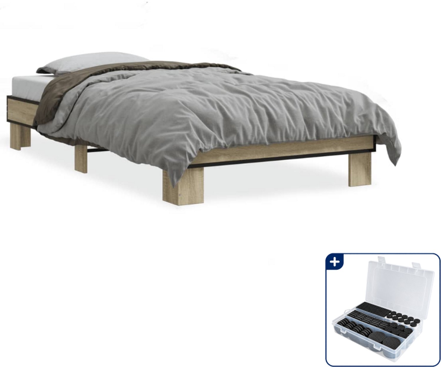 vidaXL bedframe - 75 x 190 cm - bewerkt hout en metaal - sonoma eiken - Inclusief antikrasvilt 177-delig Bruin