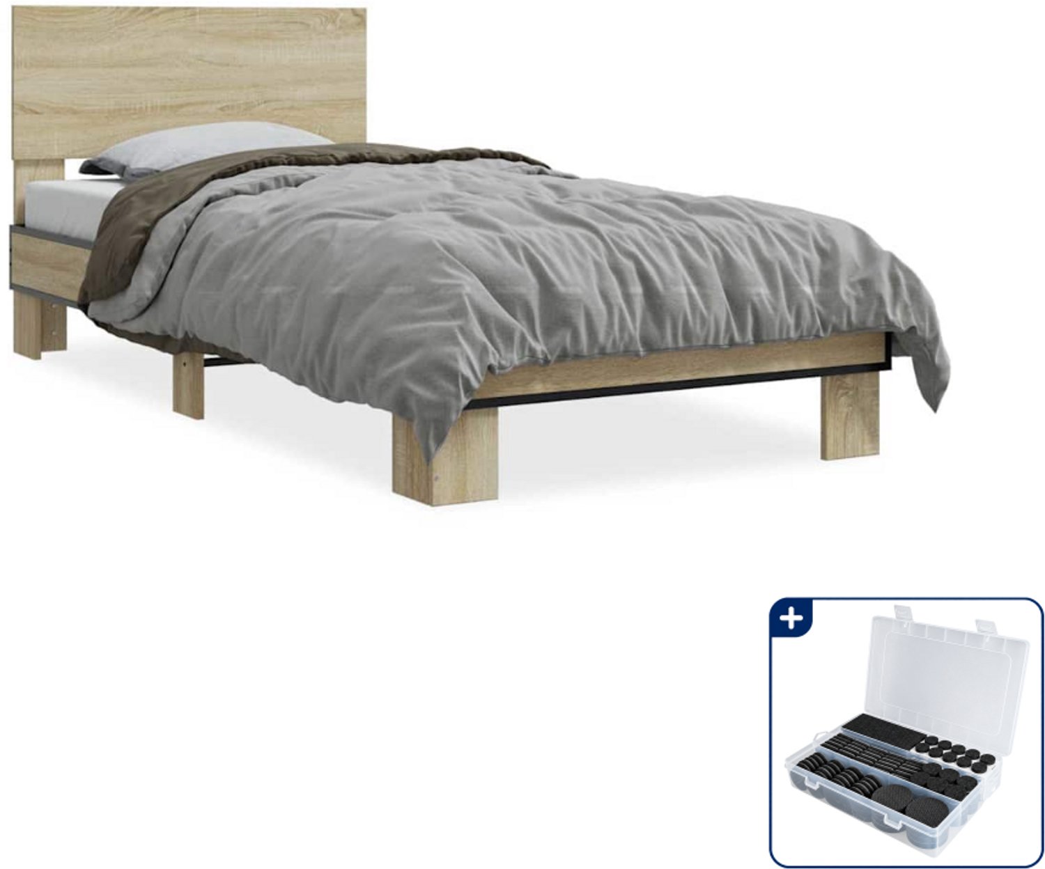 vidaXL bedframe - 75 x 190 cm - bewerkt hout en metaal - sonoma eiken - Inclusief antikrasvilt 177-delig Bruin