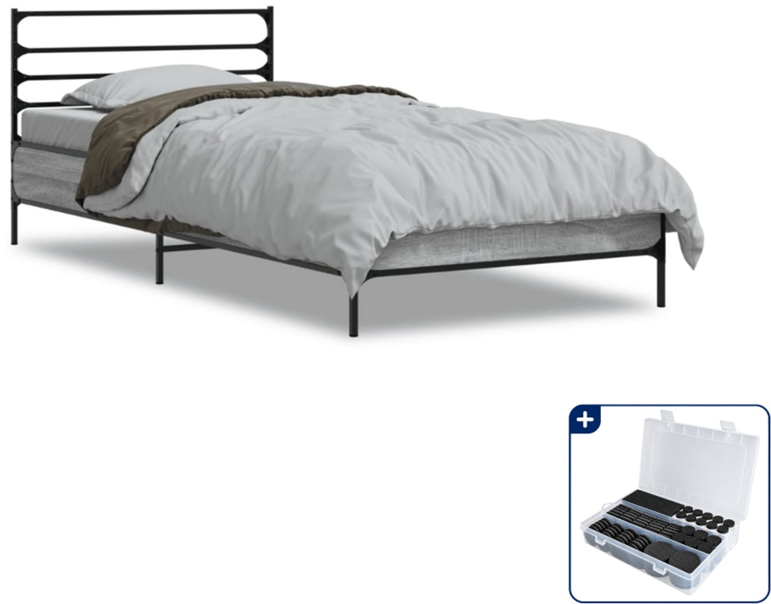 vidaXL bedframe - 75 x 190 cm - bewerkt hout en metaal - grijs sonoma eiken - Inclusief antikrasvilt 177-delig