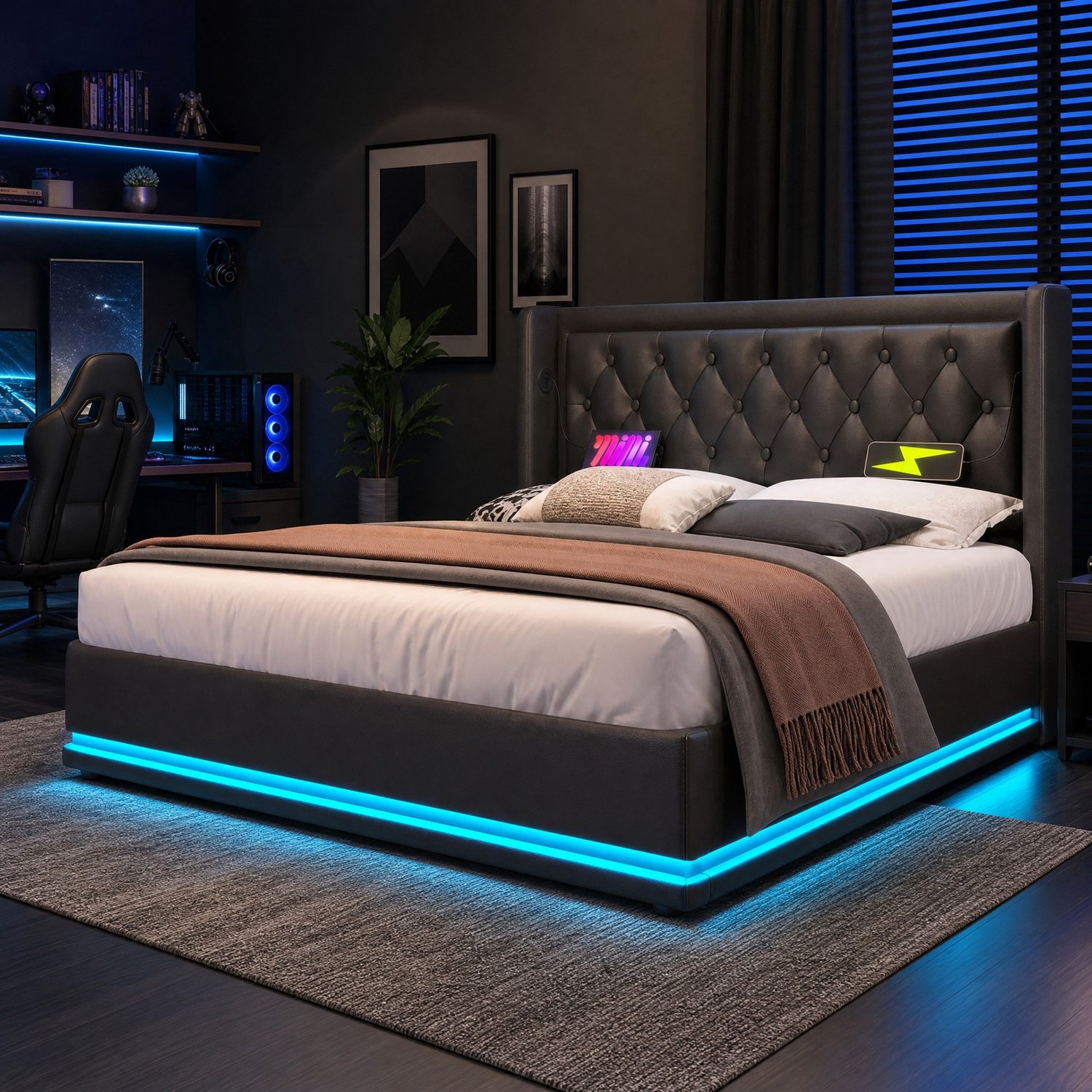 Maisentiel Gestoffeerd tweepersoonsbed 160 x 200 cm - zwart kunstleer, opbergruimte en LED
