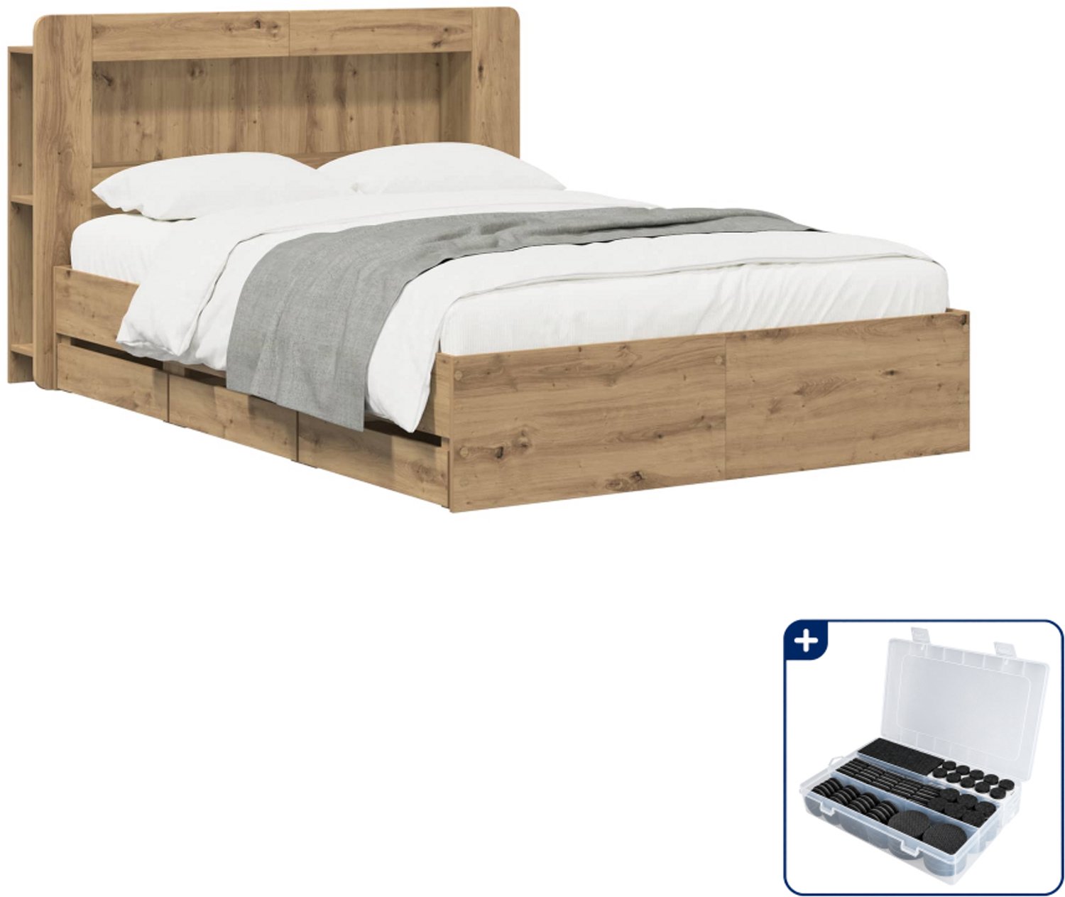 vidaXL bedframe met opbergruimte - small double 140 x 190 cm - eiken - Inclusief antikrasvilt 177-delig Bruin