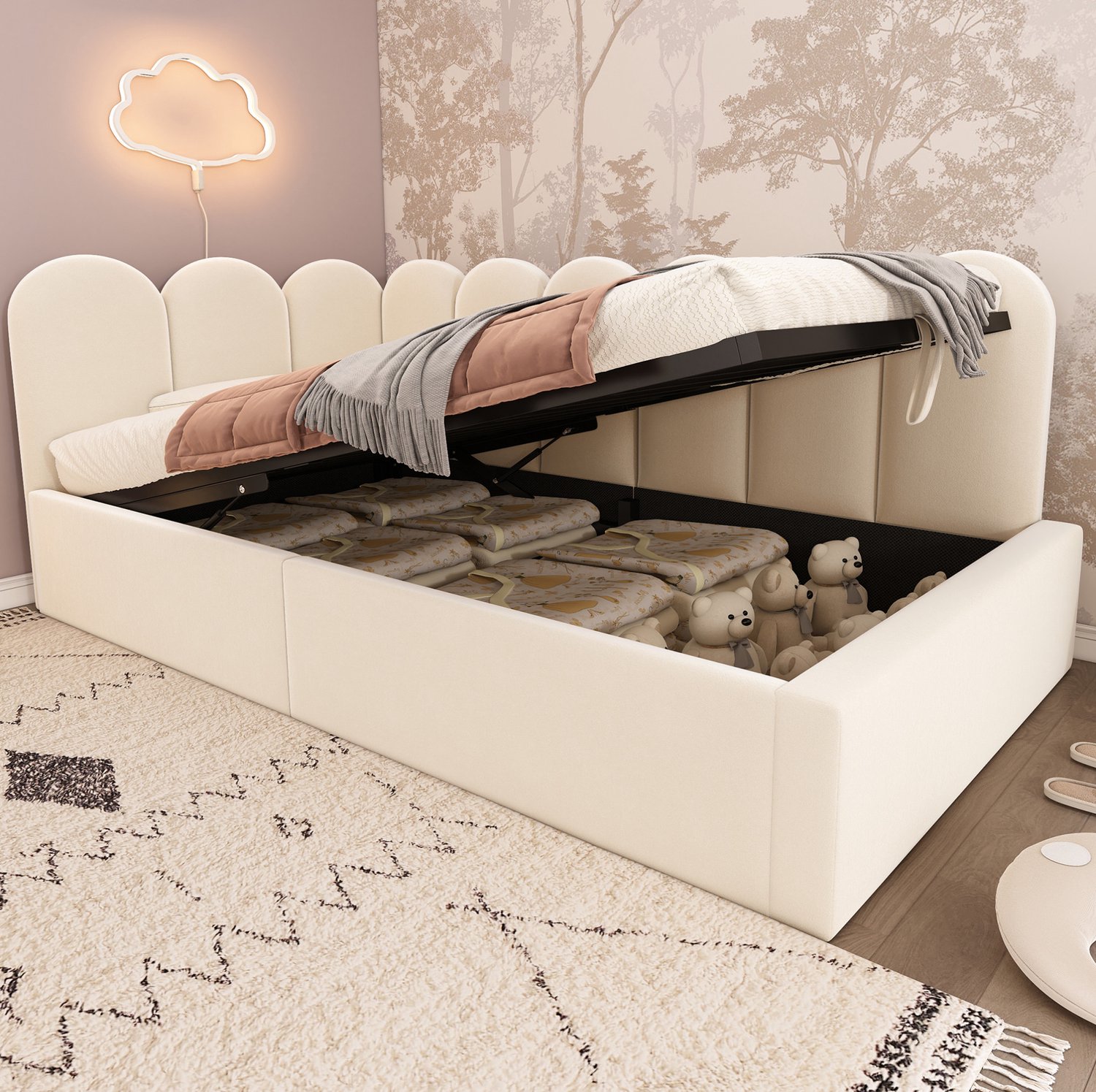 Maisentiel Beige gestoffeerd dagbed 90 x 200 cm met hydraulische opbergruimte en lattenbodem