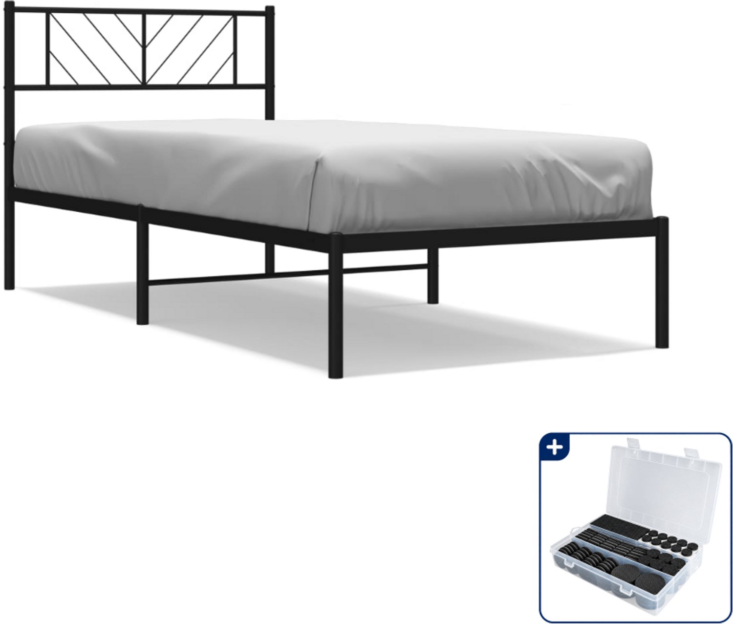 vidaXL bedframe met hoofdbord - 75 x 190 cm - staal - zwart - Inclusief antikrasvilt 177-delig