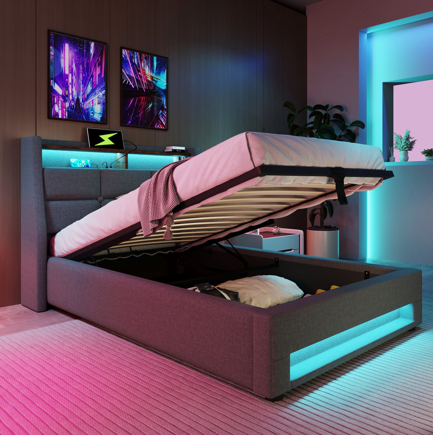 Maisentiel Gestoffeerd eenpersoonsbed 90 x 200 cm met opbergruimte, LED en USB - grijs