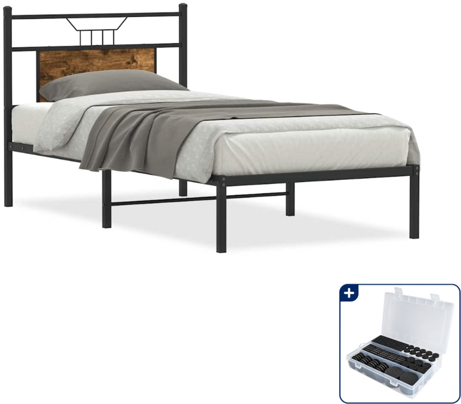 vidaXL bedframe - 80 x 200 cm - bewerkt hout en staal - gerookt eiken - Inclusief antikrasvilt 177-delig Bruin