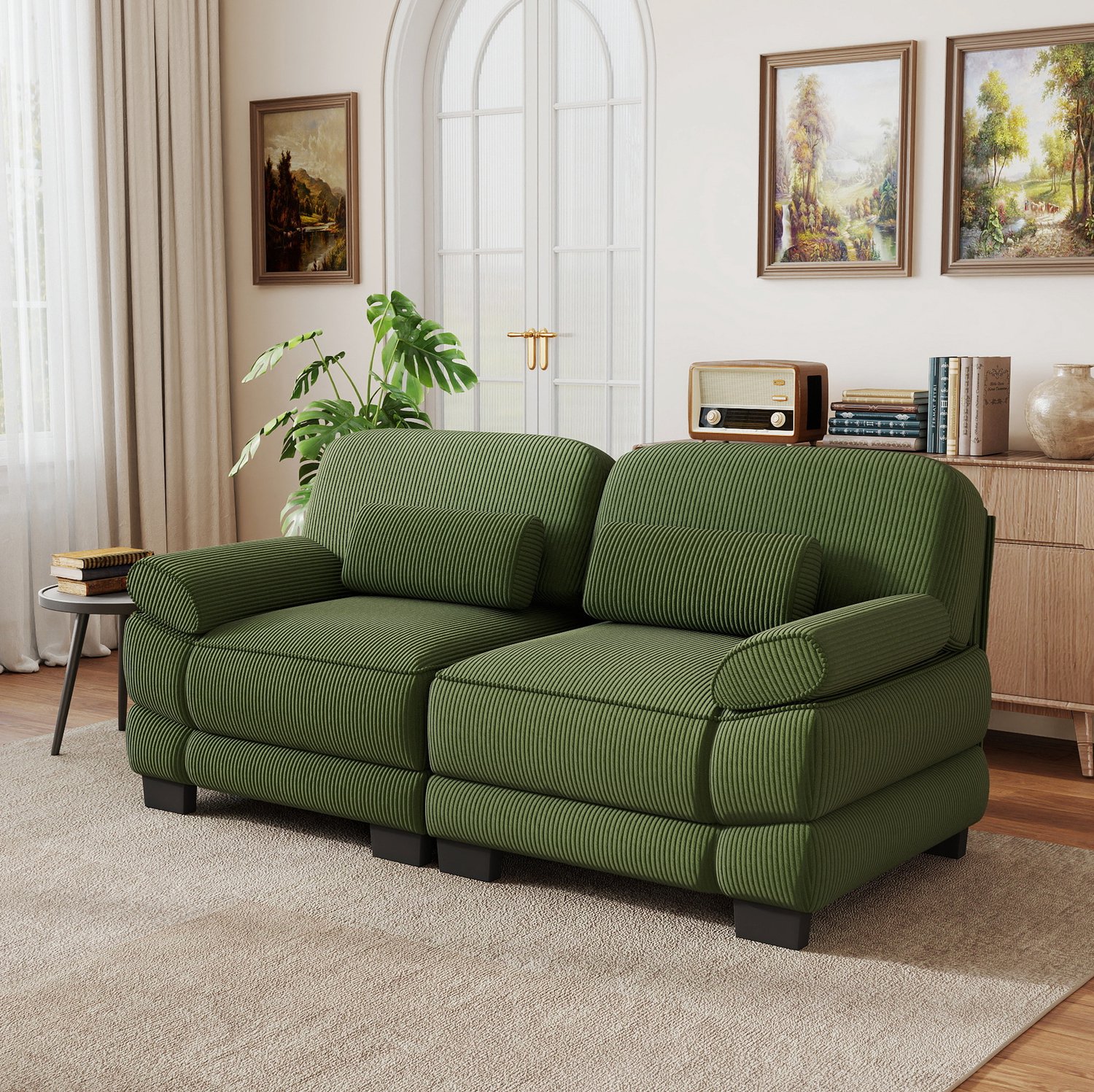 MIVRAY Zitbank 194 x 88,5 x 94 cm - Modulaire Tweezitsbank met Lendenkussen en Diepe Zit - Voor Woonkamer en Appartement - Ribfluweel - Groen