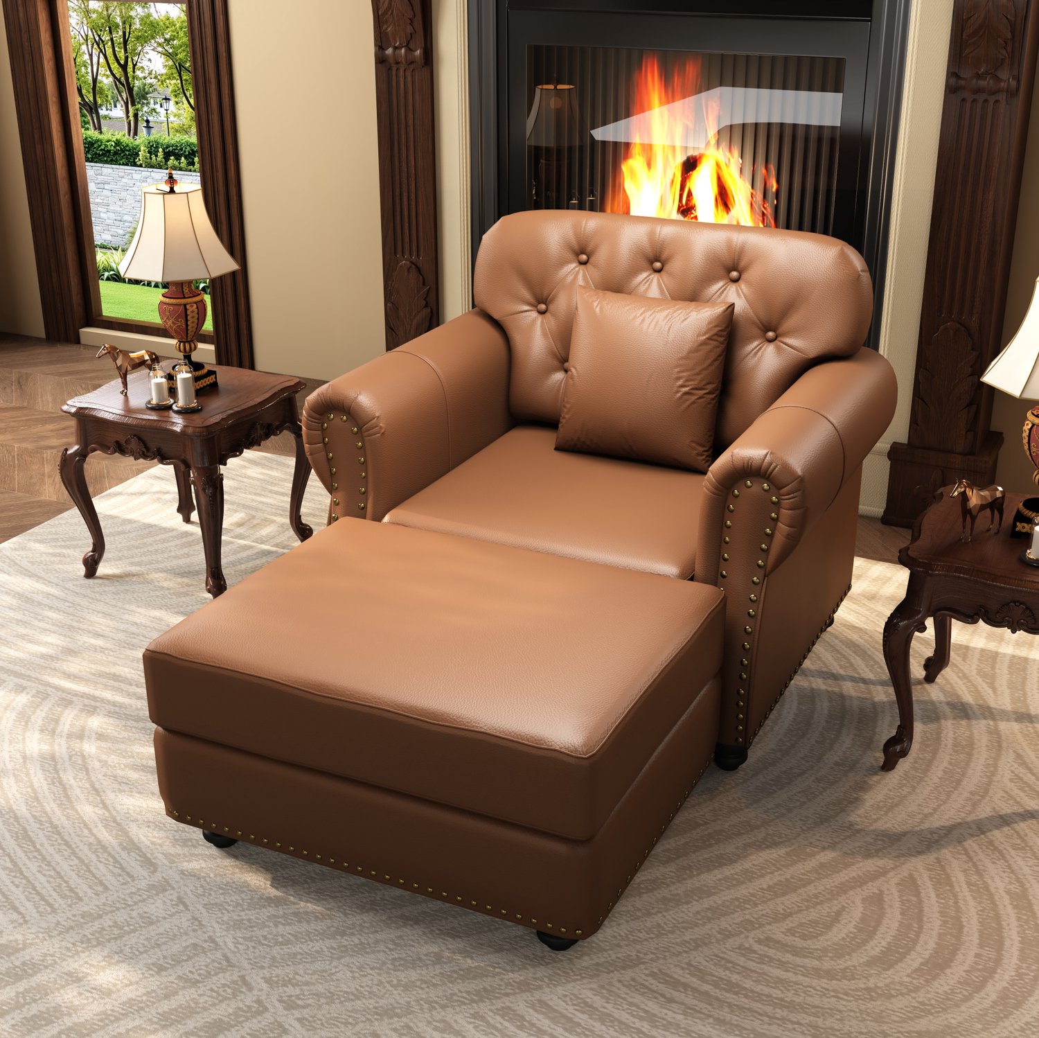 MIVRAY Chesterfield Fauteuil 105 x 76 x 86 cm - Met Hocker en Kussen - Voor Woonkamer en Ontvangstruimte - Kunstleer - Bruin