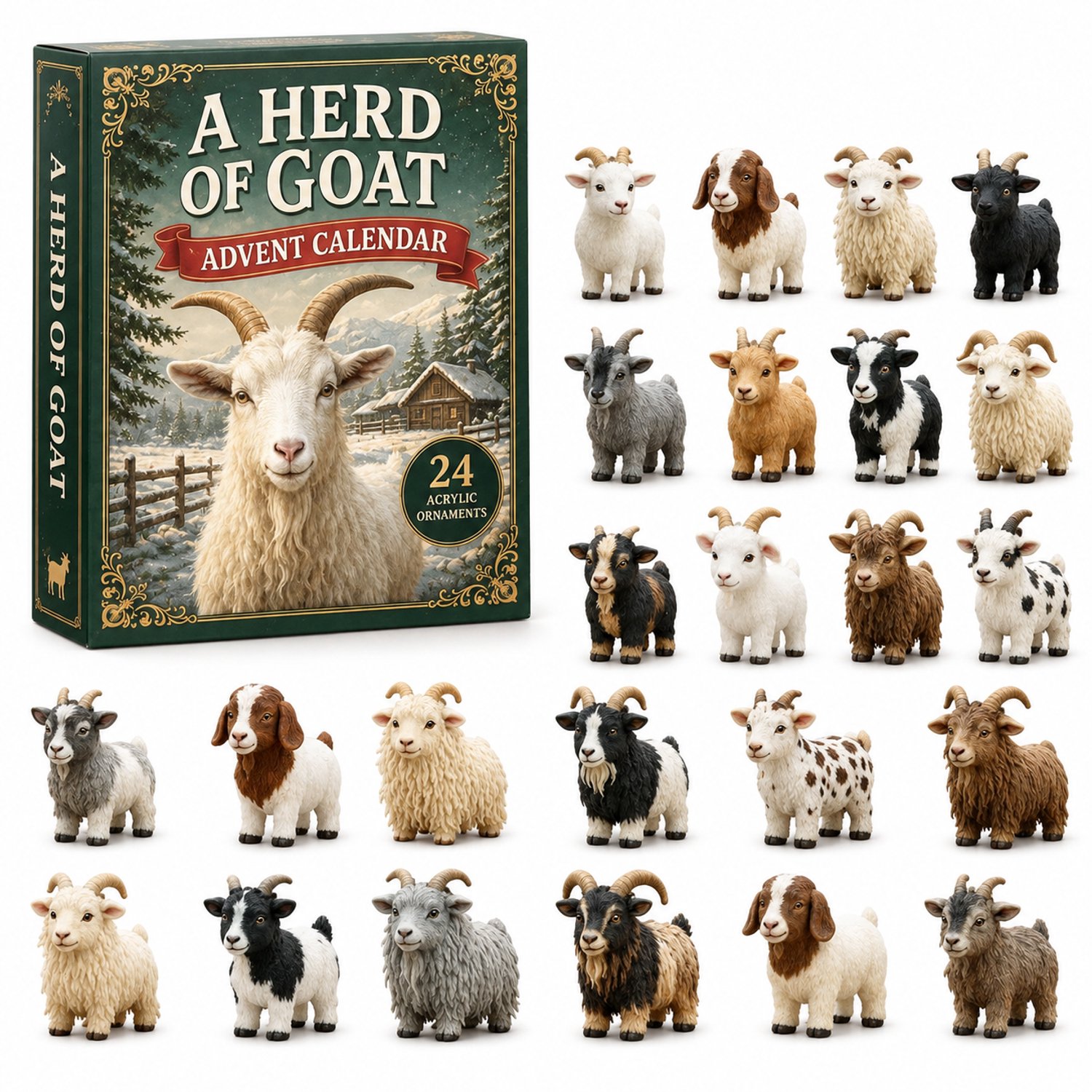Adventskalender met geitenthema - 24 decoratieve ornamenten in een feestelijke geschenkdoos