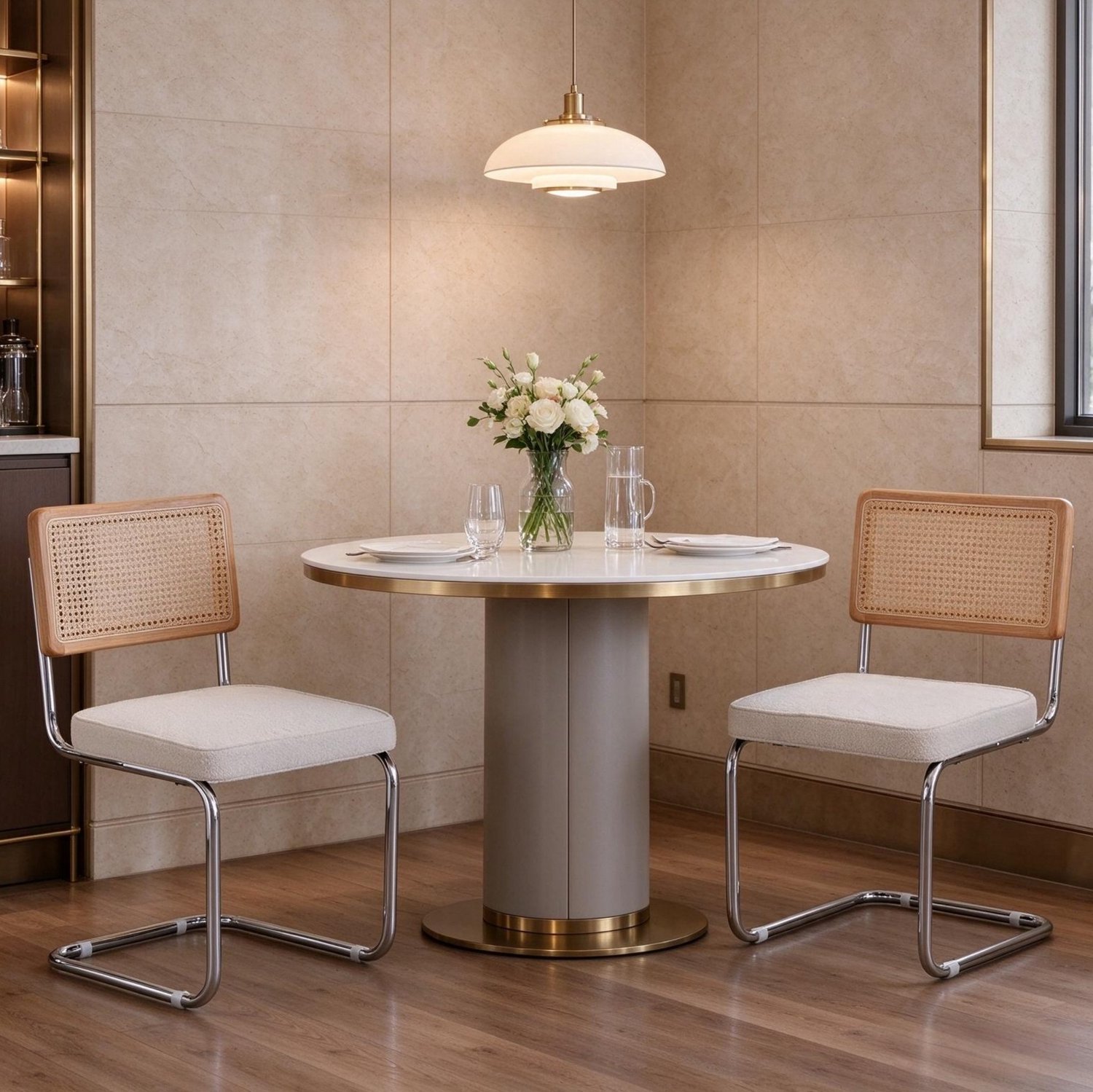 STILVORA Eetkamerstoelen 50 x 45 x 85 cm - Set Van 2 Met Rotan Rugleuning - Voor Eetkamer En Werkkamer - Metaal En Fluweel - Wit Wit met naturel houtkleur