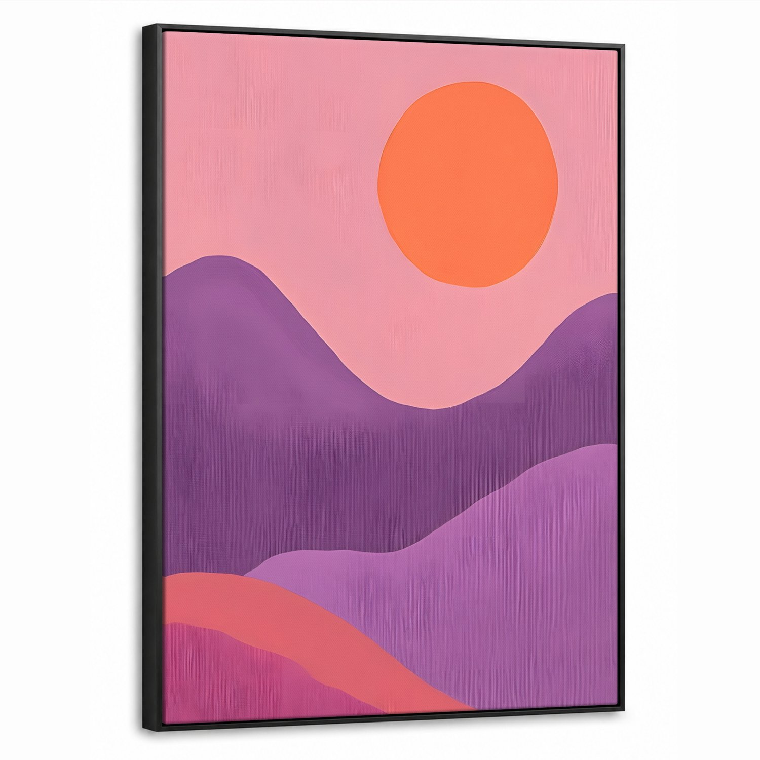 Canvas Schilderij met Baklijst 50x70cm - Zon - Heuvels - Paars - Abstract - Muurdecoratie woonkamer - Slaapkamer decoratie - Kamer accessoires - Schilderijen op canvas met lijst