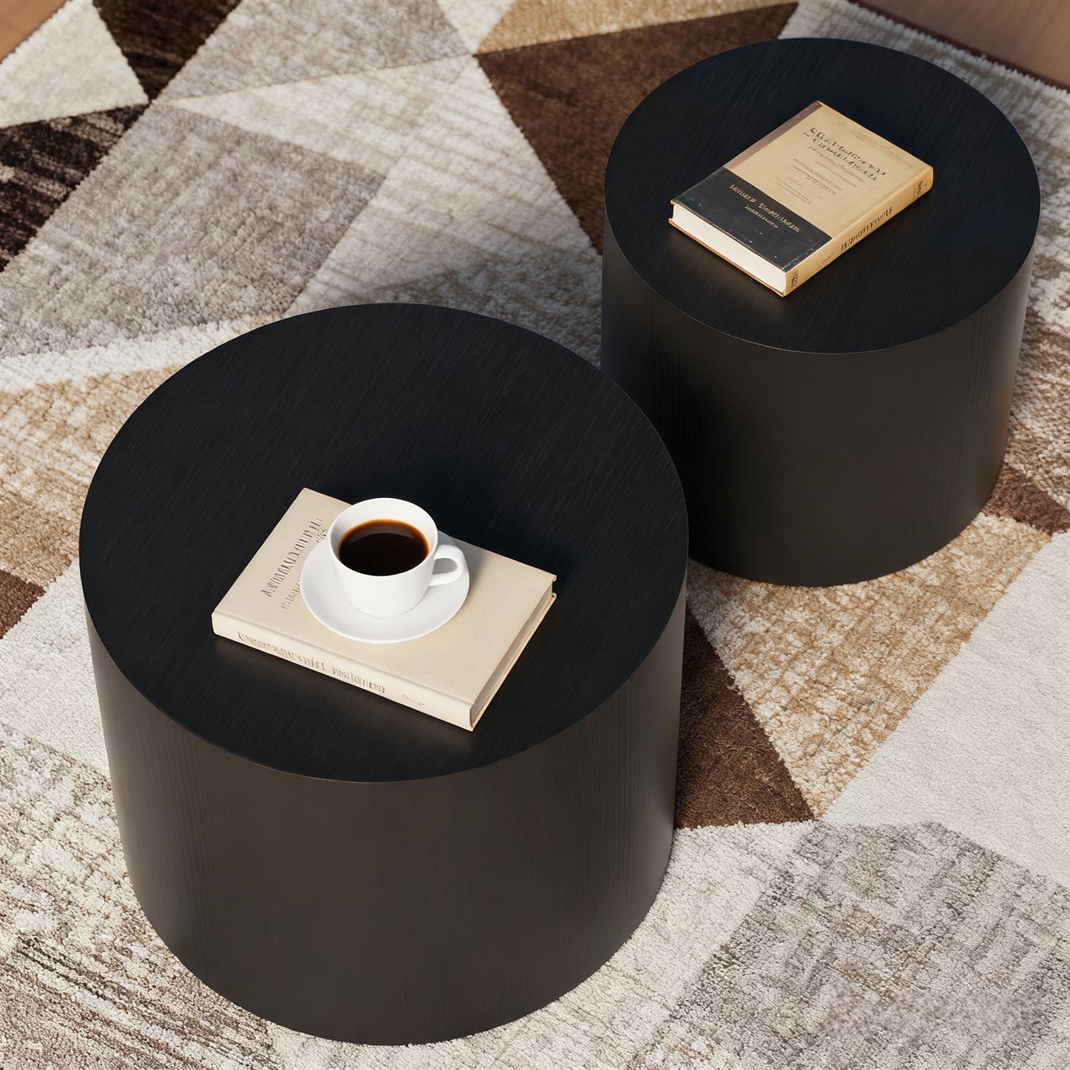 HAUSS SPOLE Bijzettafelset - Twee Ronde Nesttafels Met Antislip Voetjes - Voor Woonkamer En Slaapkamer - MDF - 48,5 x 38,5 cm - Zwart