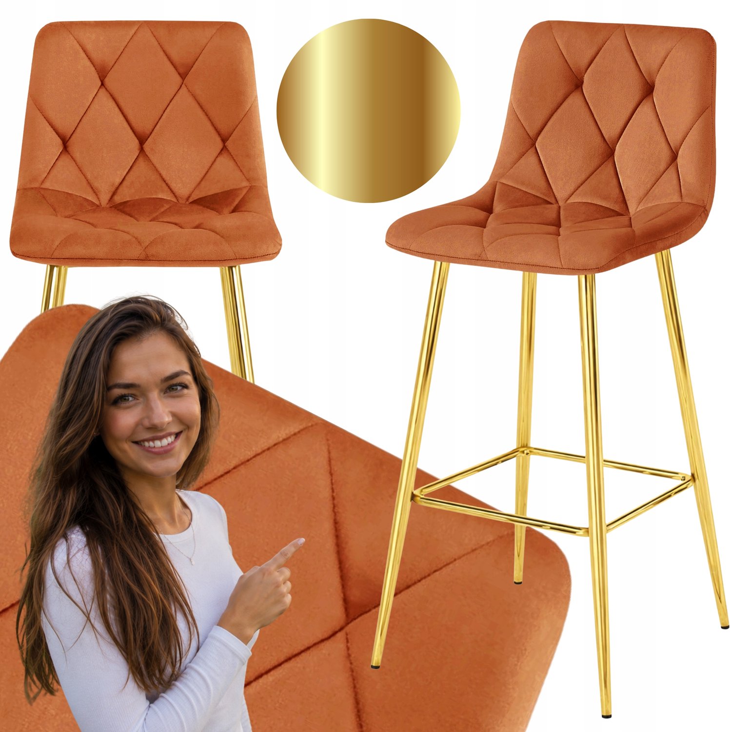MUFART Modena Hoker Barstoel - Velours Koper, Goud Metaal, 102cm Hoog Koper / Goud