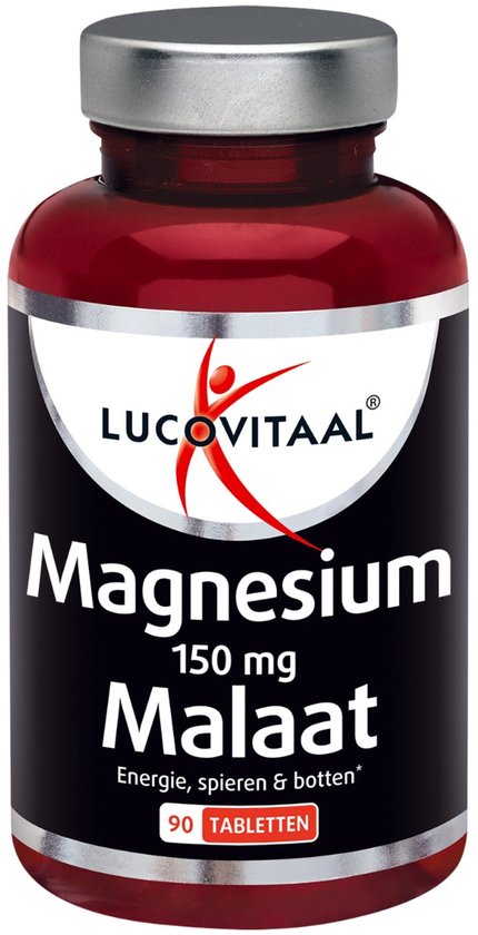 Lucovitaal Magnesium Malaat 150 mg 90 tabletten. Rode fles met zwart label, 150 mg Malaat, Energie, spieren & botten.