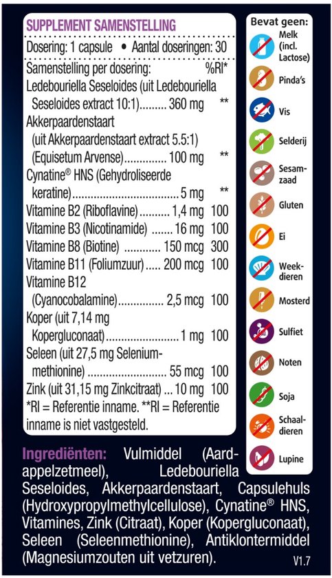 Achterkant van de verpakking van LucoVitaan Haar Volume met de supplement samenstelling, ingrediënten en "Bevat geen" lijst.