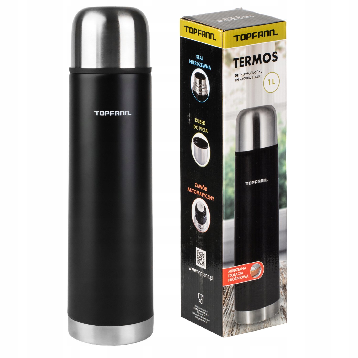 RVS Thermoskan 1000ml met Mok - Zwart
