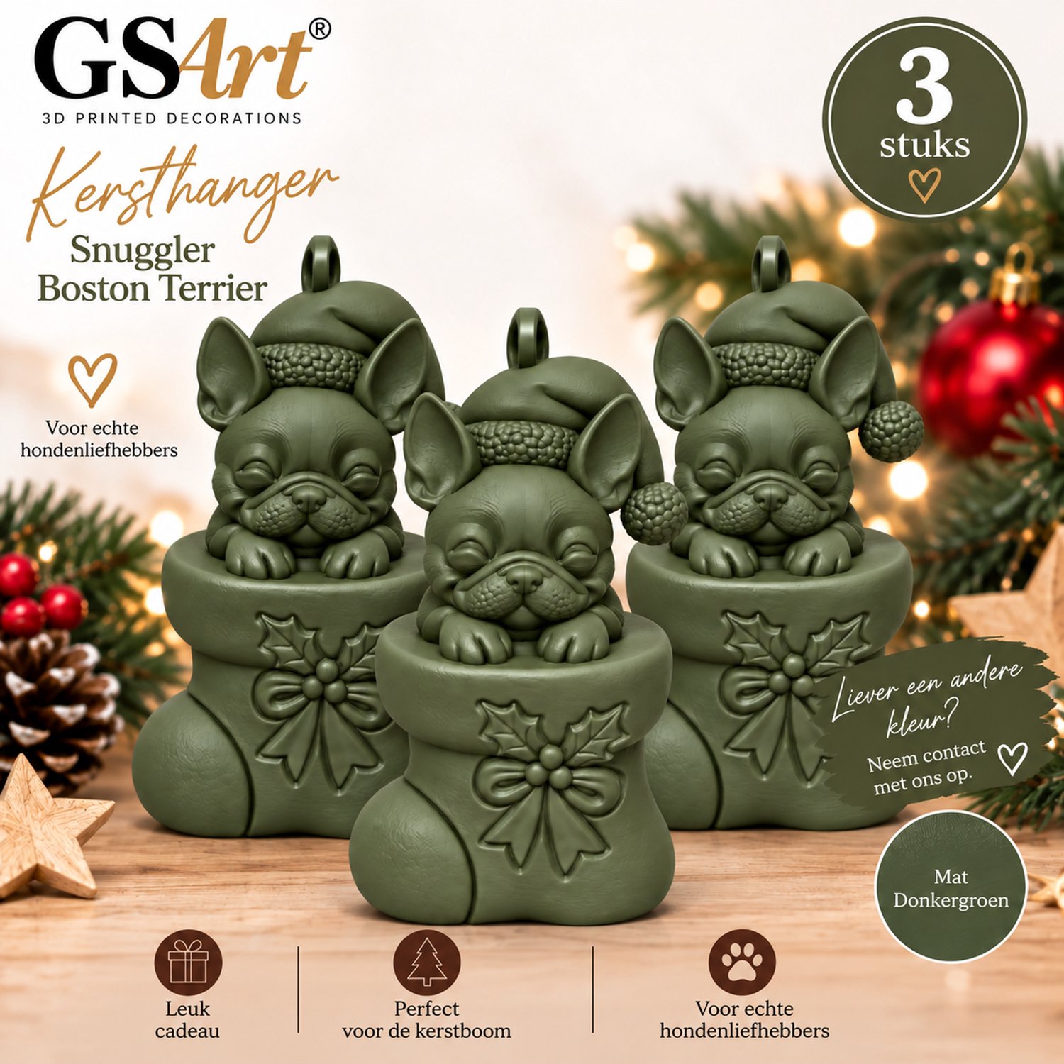 GSArt Kersthanger Hond Snuggler Boston Terrier 3 Stuks – 3D Geprinte Kerstboom Hangers – Mat Donkergroen