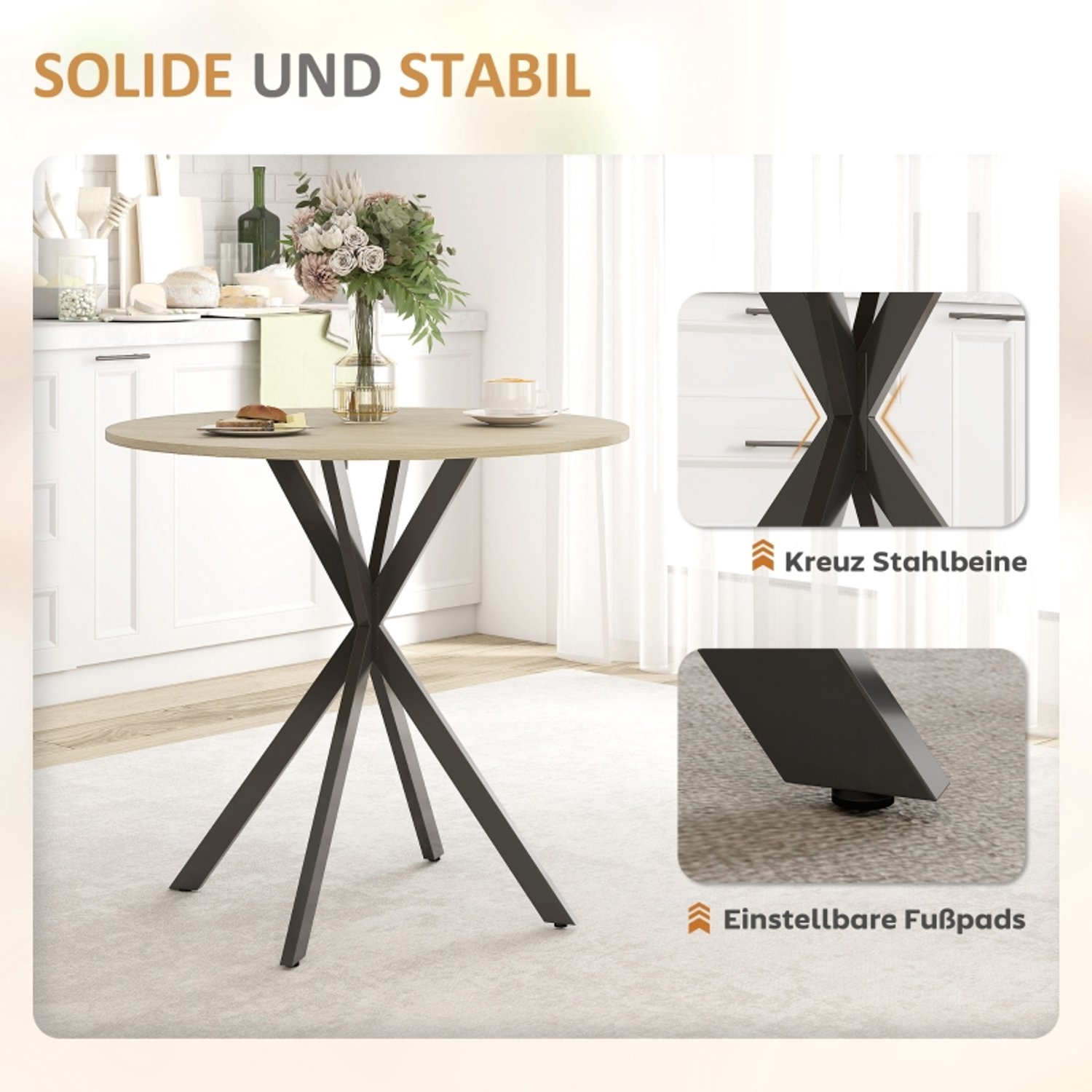 DESMIU Eettafel - Ronde Tafel Met X Vormige Stalen Poten - Voor Keuken En Eetkamer - Hout - 80 X 80 X 75 Cm - Eikenkleur Oak