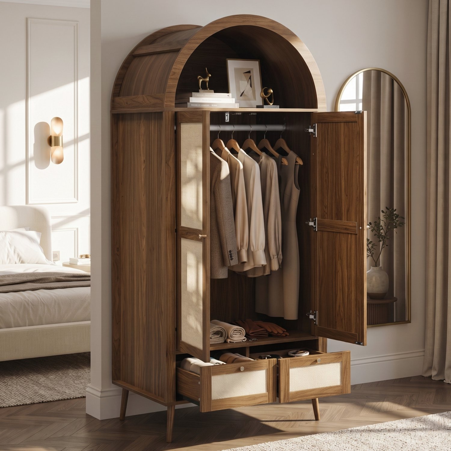 MODENUIT Kledingkast - 2 Deuren, 2 Lades En Kledingstang - Voor Slaapkamer - MDF - 80x55x180 Cm - Walnoot Walnut
