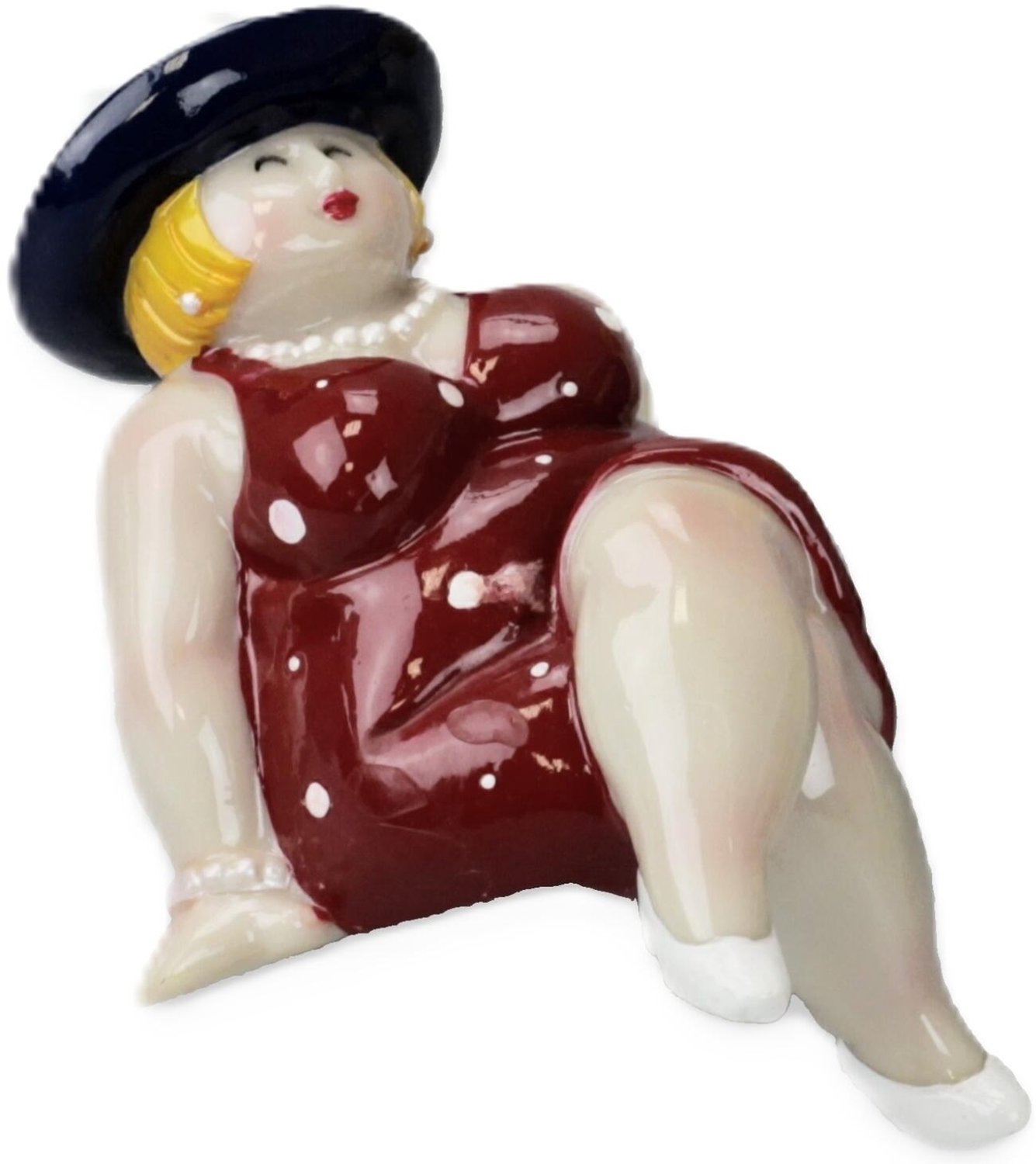 Inware Woonkamer decoratie beeldje - zittend - dikke of mollige dame - jurk rood - 15 cm - vrouwen op het strand
