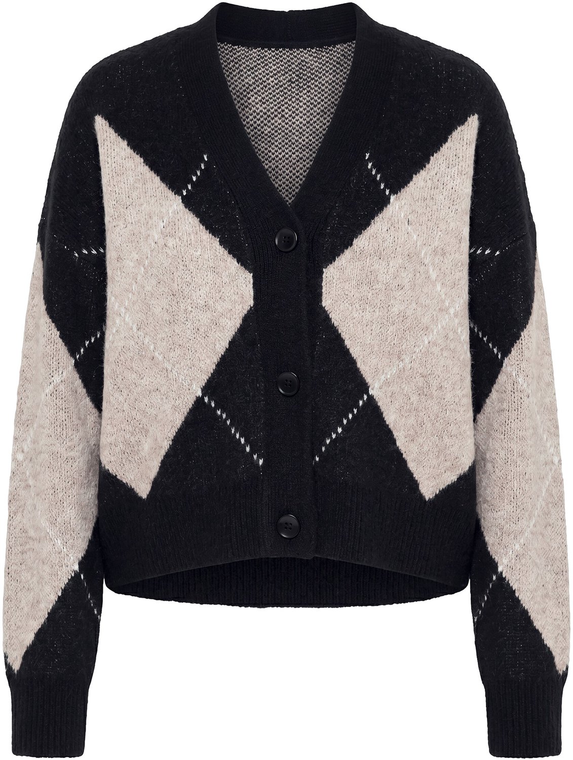 Ulla Popken - Dames - Vest Argyle-patroon V-hals lange mouwen - Zwart - Maat 50+