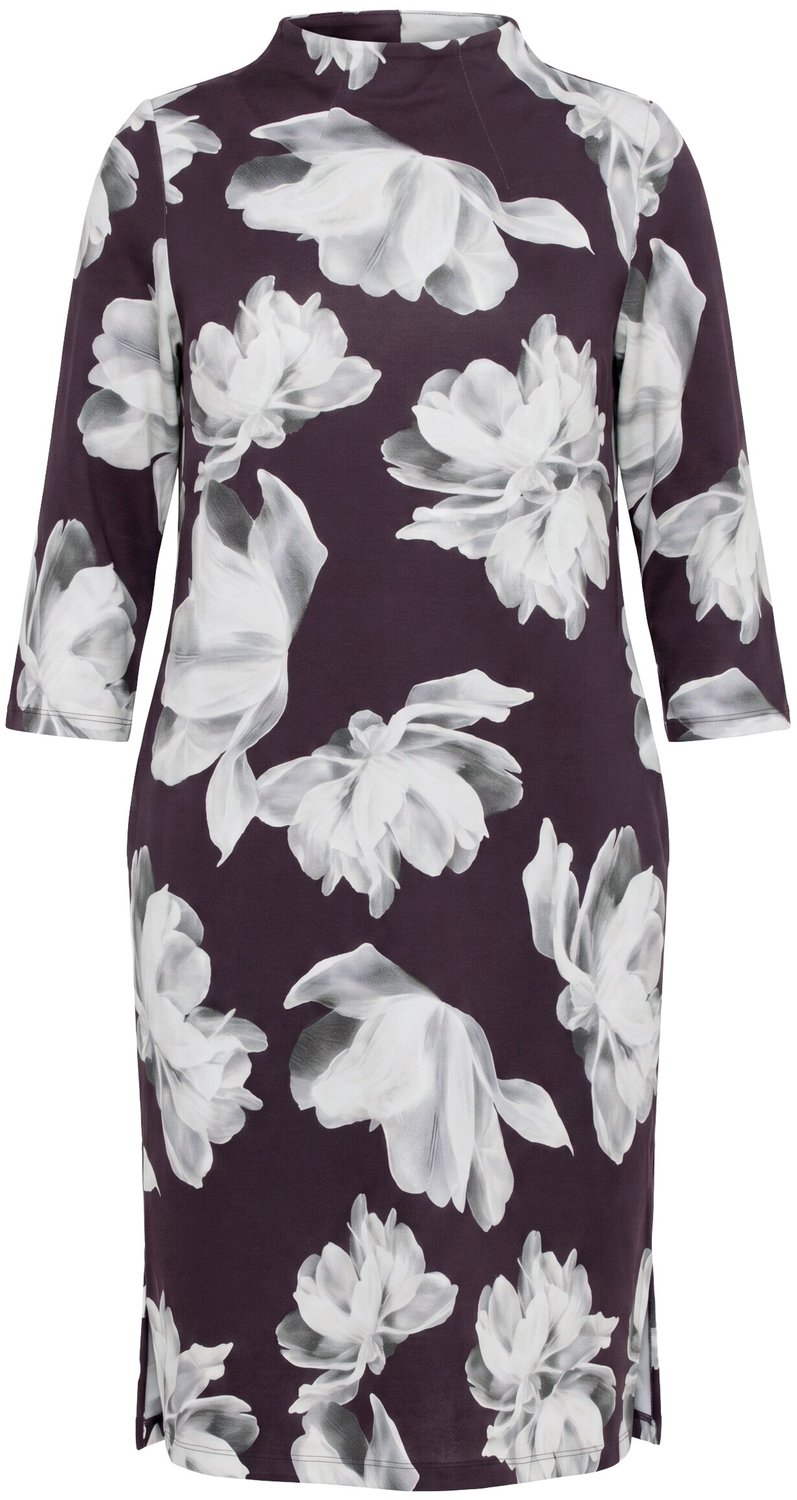 Ulla Popken - Dames - Punto-jurk bloemen opstaande kraag 3/4-mouwen zakken - Mahonie - Maat 50+
