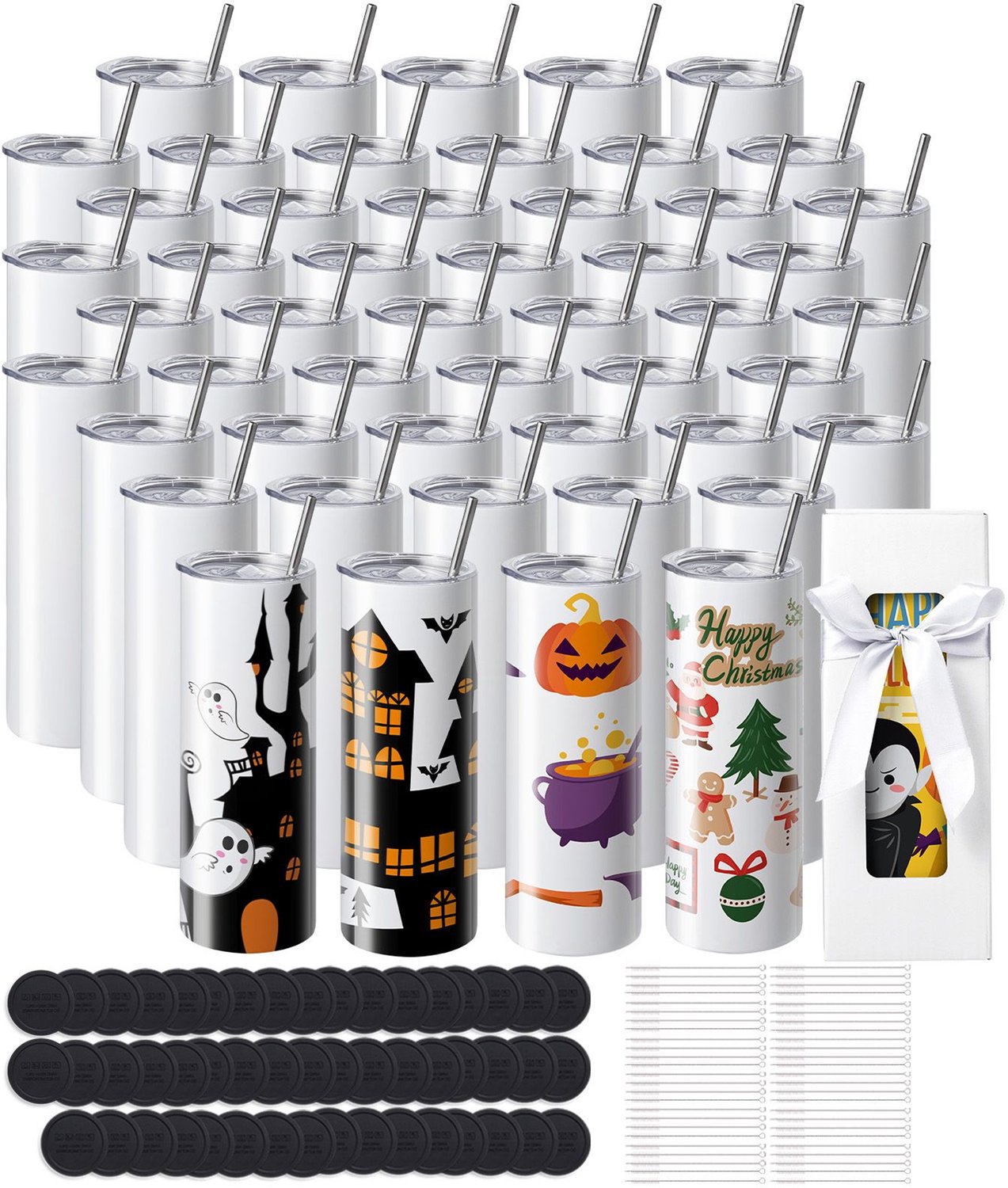Verpakking van 50 rechte sublimatiebekers- 567 g (20 oz) blanco bekers- dubbelwandige roestvrijstalen bekers met rietje- deksel- borstel- voet- krimpfolie en geschenkdoos- geschikt voor hittepers en warmteoverdracht.