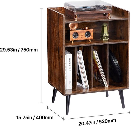 Platenspelerstandaard met LED-verlichting- draaitafelstandaard met 3 niveaus- oplaadstation en USB-poorten- biedt plaats aan maximaal 150 albums- vinylplatenkast met displayplank voor slaapkamer en woonkamer. — afbeelding 2
