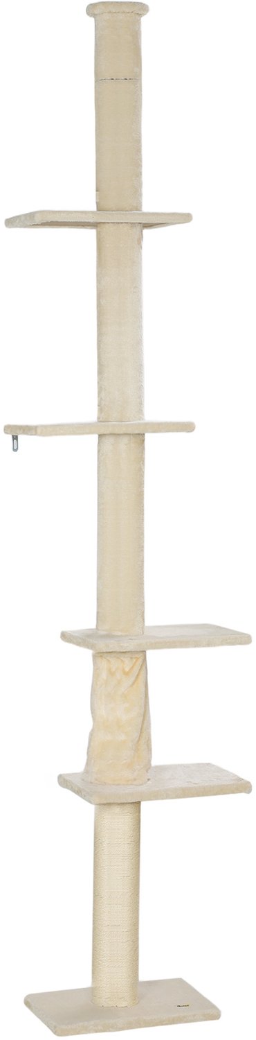 Pawona Plafondhoge krabpaal - Verstelbaar - Met pluche en krabpaal - 42,5 x 26,5 x 225-275 cm - Crèmewit