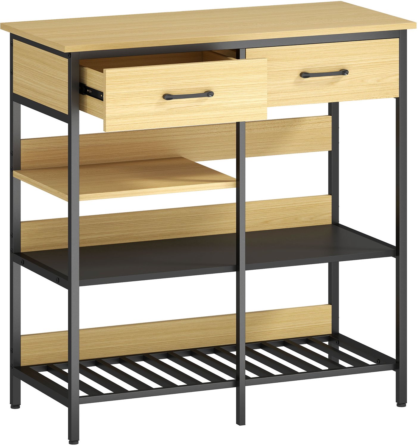 Homona Sideboard met 2 lades en 3 open vakken - Industrieel ontwerp - Met verstelbare voetjes - 90 x 40 x 91 cm - Natuurhout/Zwart Bruin