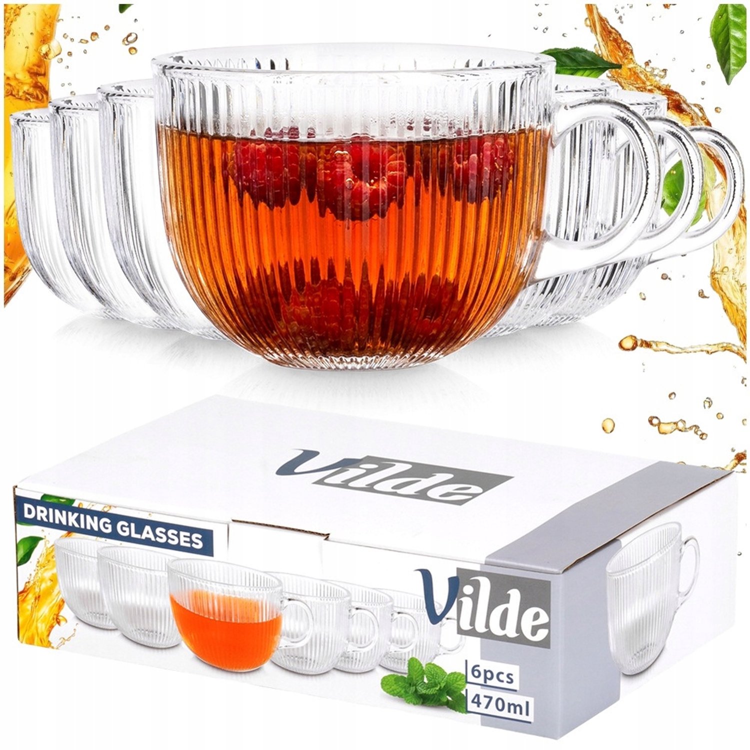 Set van 6 glazen voor koffie, thee & drankjes - 470 ml, geribbeld design