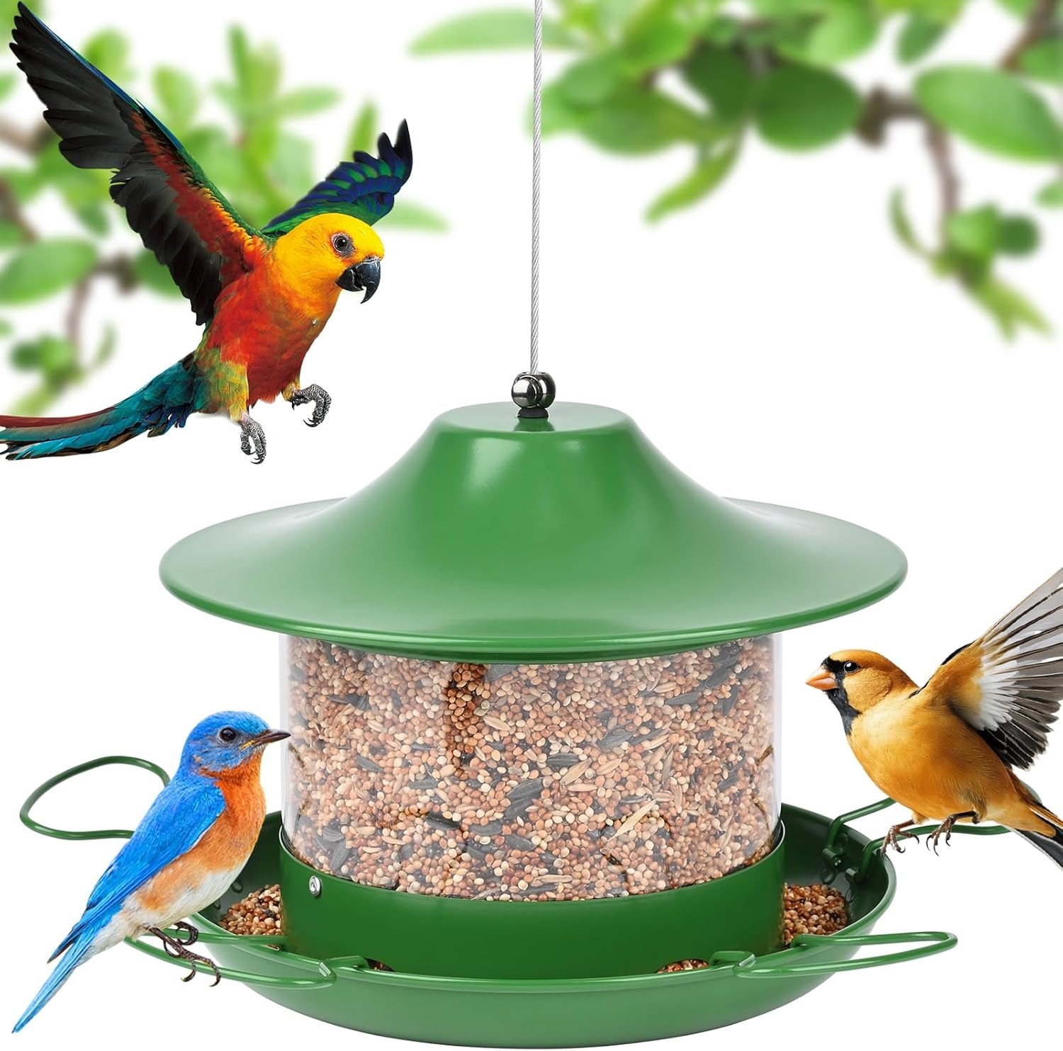 Vogelvoederhuisje - Groen - 29 x 39 cm - Metalen Voederdispenser met 360° Voederstandaard - Voor Tuin en Balkon