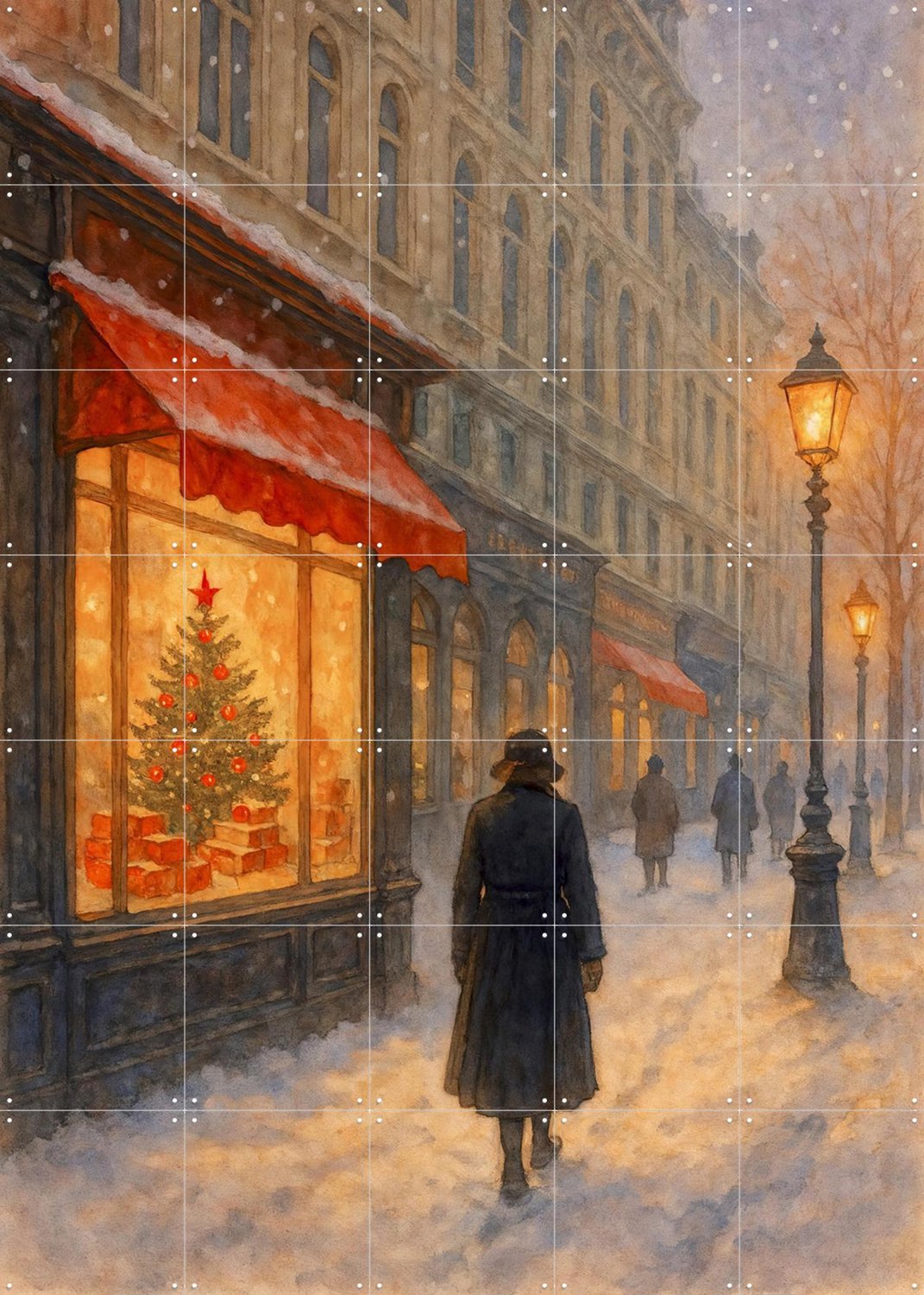 IXXI Kerstavond In De Stad, Natalie Bruns - 100 x 140 cm - Grote wanddecoratie en posters - Klassiek, Gang, Sneeuw, Winter, Kerst Rood