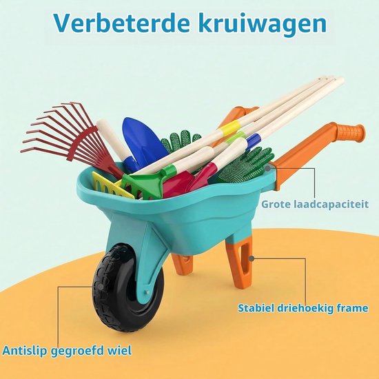 Kids Tuinieren Tool Set, 70CM Kruiwagen met 70CM Metalen Schop Hark Schoffel Blad Hark 20CM Schop Hark Handschoenen Educatief STEM Leren Pretend Speelgoed voor Outdoor Tuin Yard Gazon Graven — afbeelding 5