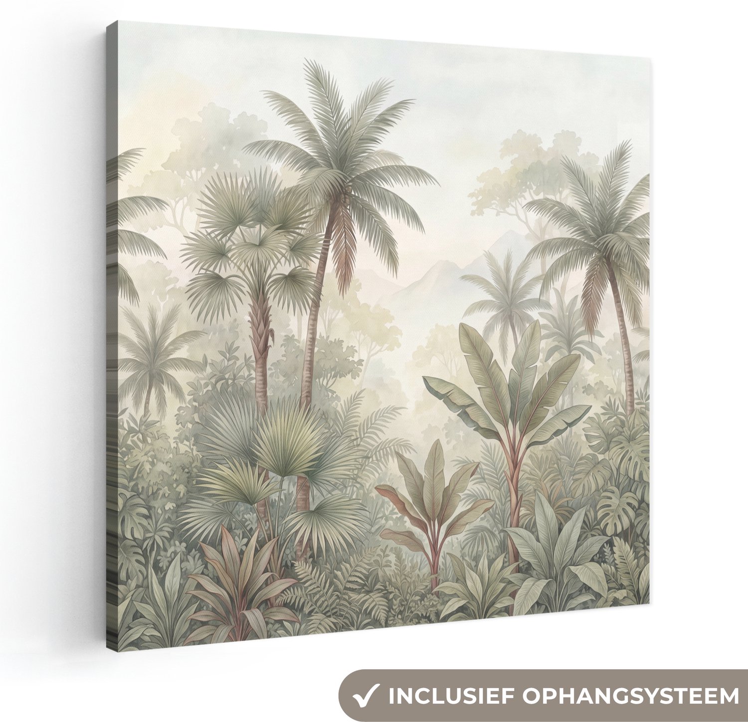 Canvas schilderij 50x50 cm - Exclusieve wanddecoratie Natuur - Tropisch bos - Landschap - Aquarel - Groen - Muurdecoratie woonkamer - Slaapkamer decoratie - Kamer accessoires - Schilderijen op canvas