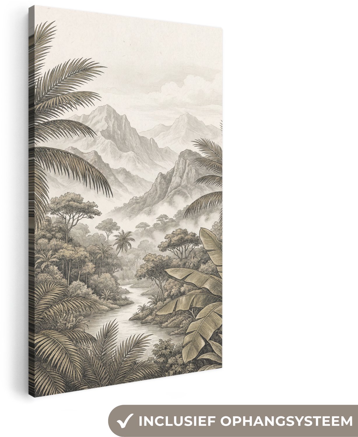 Canvas schilderij 40x80 cm - Exclusieve wanddecoratie Natuur - Bergen - Rivier - Tropisch - Vintage - Muurdecoratie woonkamer - Slaapkamer decoratie - Kamer accessoires - Schilderijen op canvas