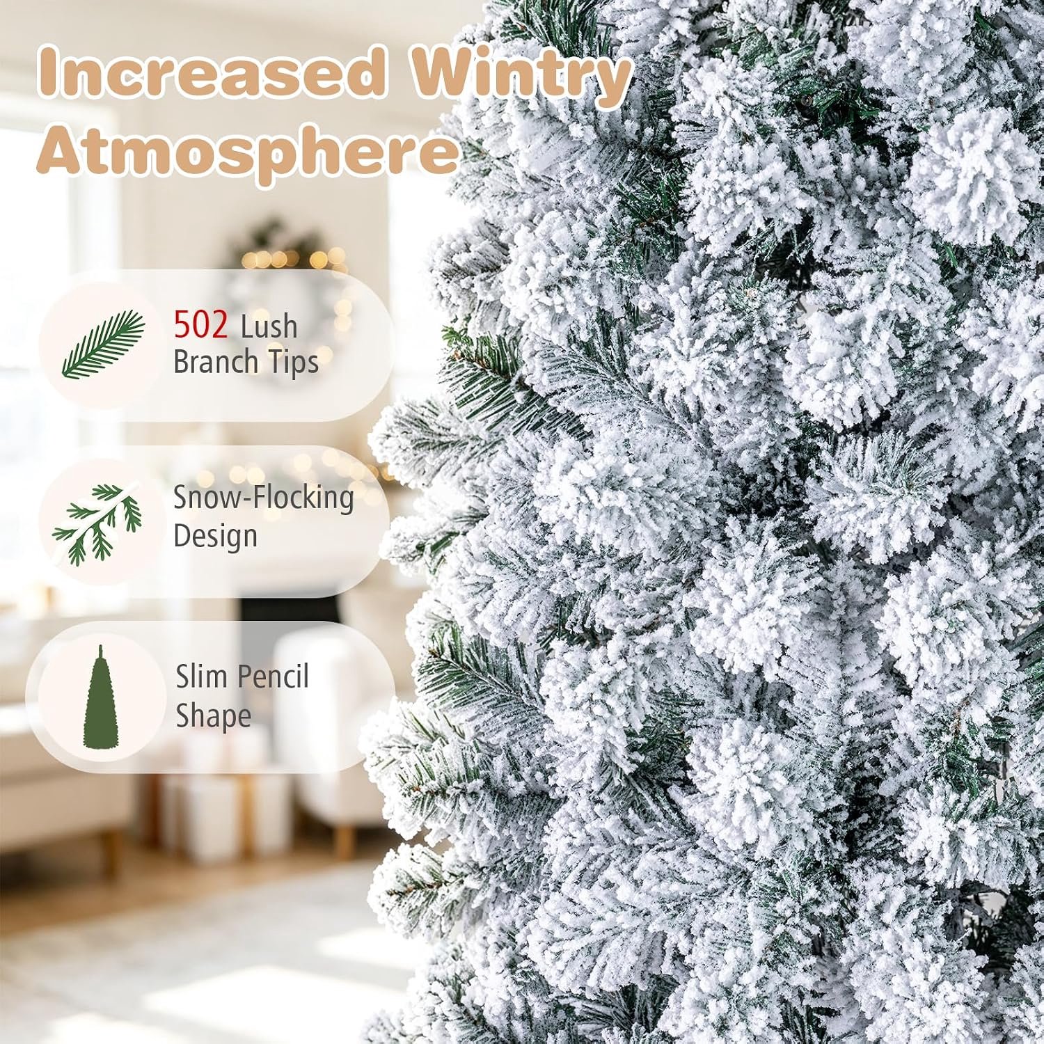 COSTWAY Smalle Kunstkerstboom 180 cm - Potloodkerstboom met 250 Warmwitte LED-lampjes - 500 Takken - Sneeuweffect - Metalen Standaard - Groen en Wit – foto 3