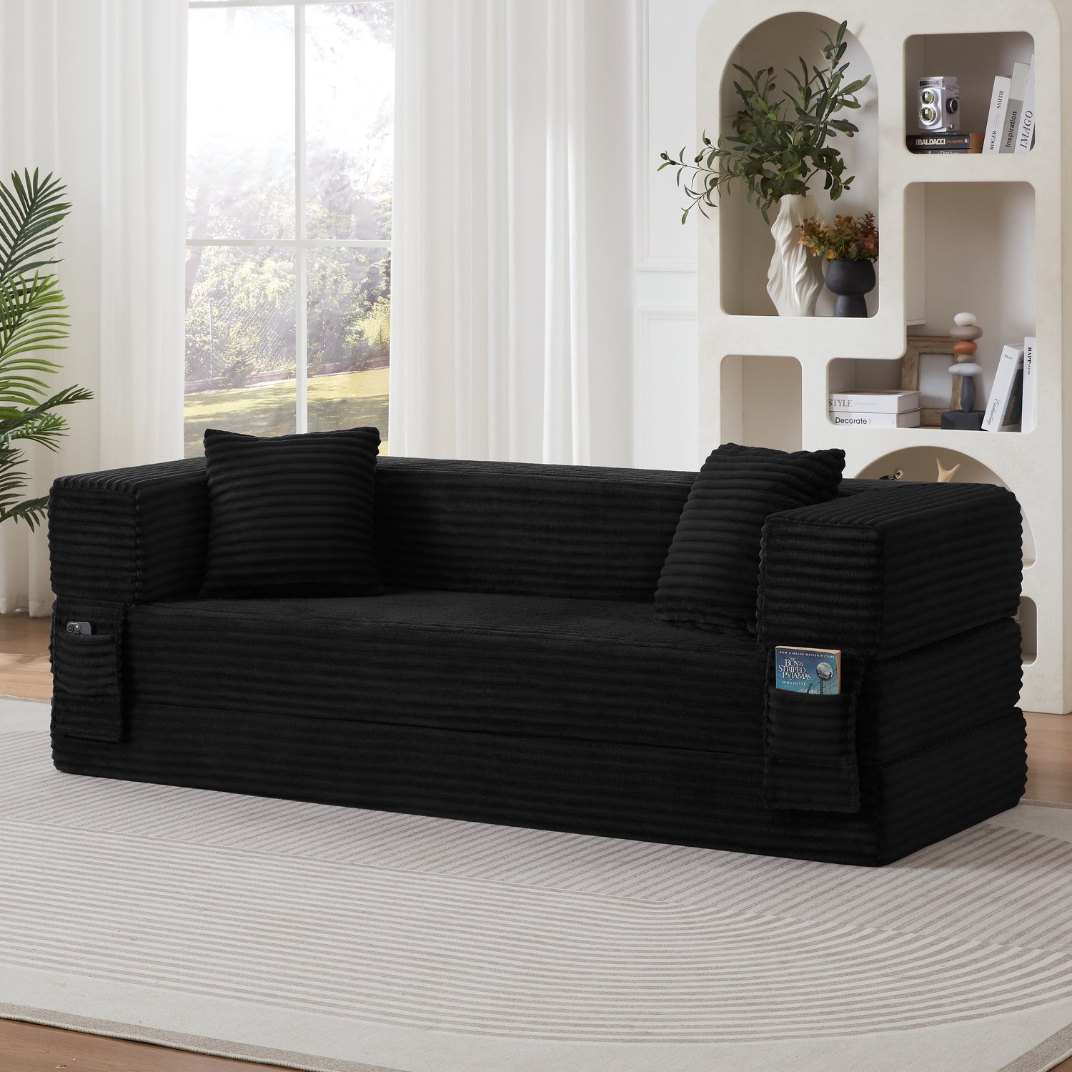 CHICFURN 3-zits slaapbank - Uitklapbaar - Vierkant ontwerp - Zwart