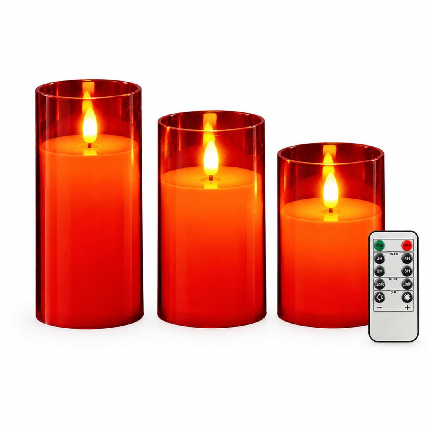 led kaarsen, set van 3 met afstandsbediening, rood met transparante kap en warm licht, diameter 7,8 cm, hoogtes 10/12,5/15 cm, voor kerstdecoratie