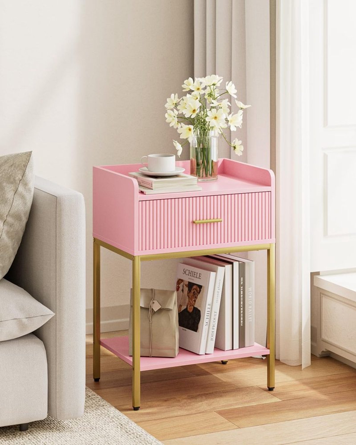 Nachtkastje voor Kleine Ruimtes - Modern Met Lade en Plank in Roze