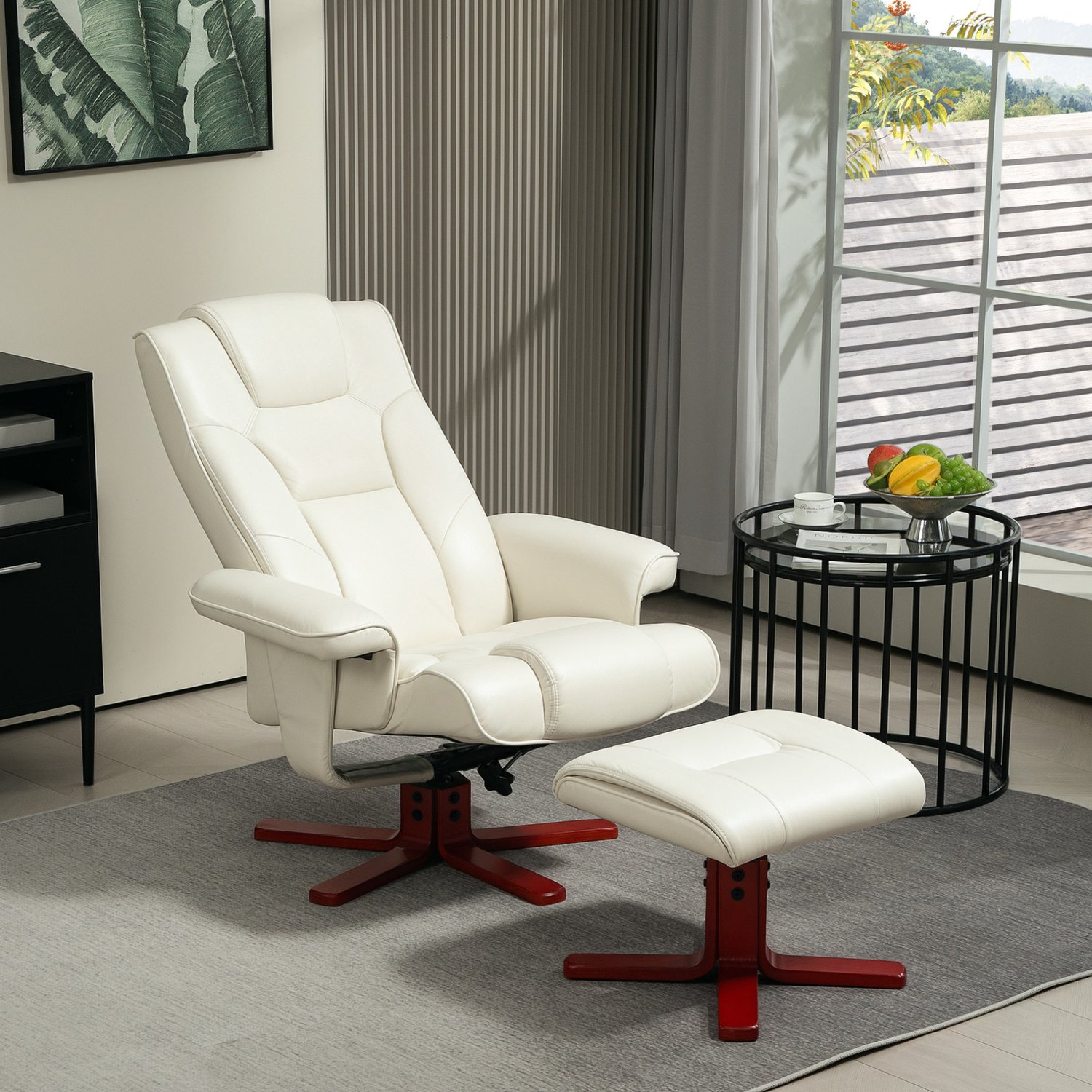 MIVRAY Relaxfauteuil 84 x 84 x 104 Cm - Handmatig Verstelbaar Tot 135 Graden Met Hocker En Schommelfunctie - Woonkamer - Kunstleer Crèmewit