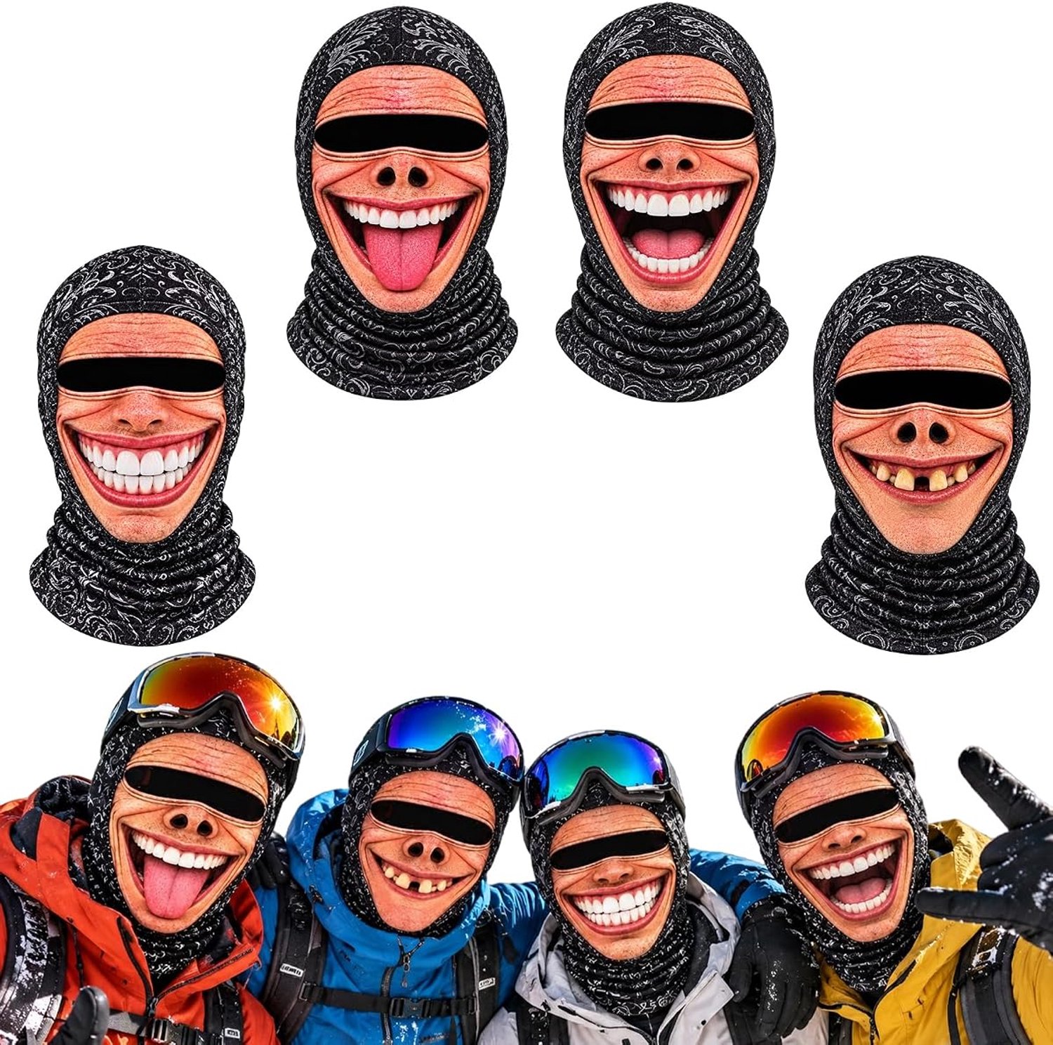 Set van 4 Ski Maskers 3D Grappige Winter voor Realistische Gezichtsmasker met Nekbedekking Geschikt voor Skiën Motorrijden Fietsen Buiten & Feesten Leuk Origineel Cadeau voor Wintersportliefhebbers Cyslmuk® Grappig Mannen