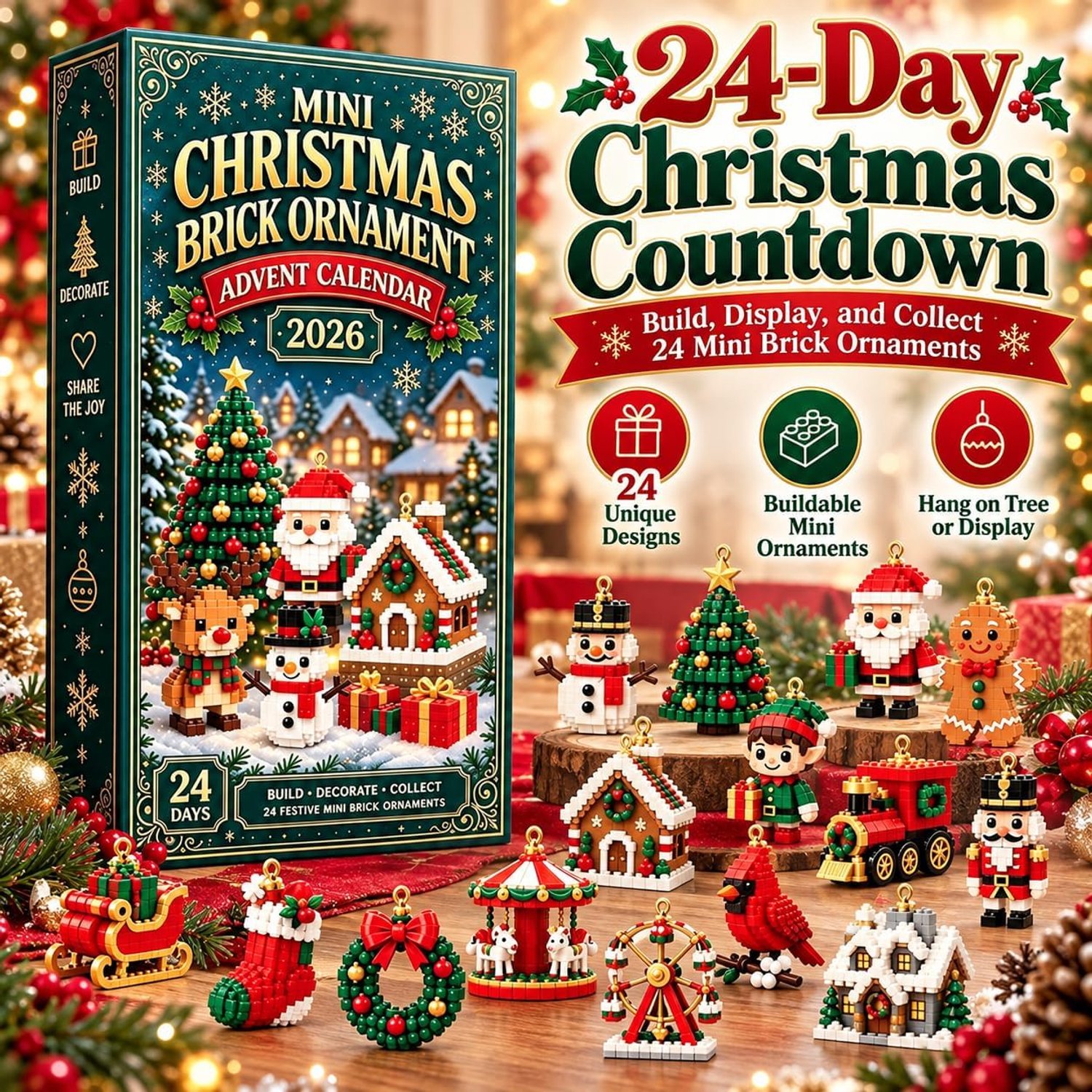 Adventskalender 2026 - Kerstkalender - 24 Dagen Bouwsteen Ornamenten - Bouwblokken - Kinderspeelgoed - Met Ophanglus - Mini-steentjes Voor Boom, Slinger Of Mantel - Geschikt voor Kerstfeest en Interieur Decoratie – foto 7