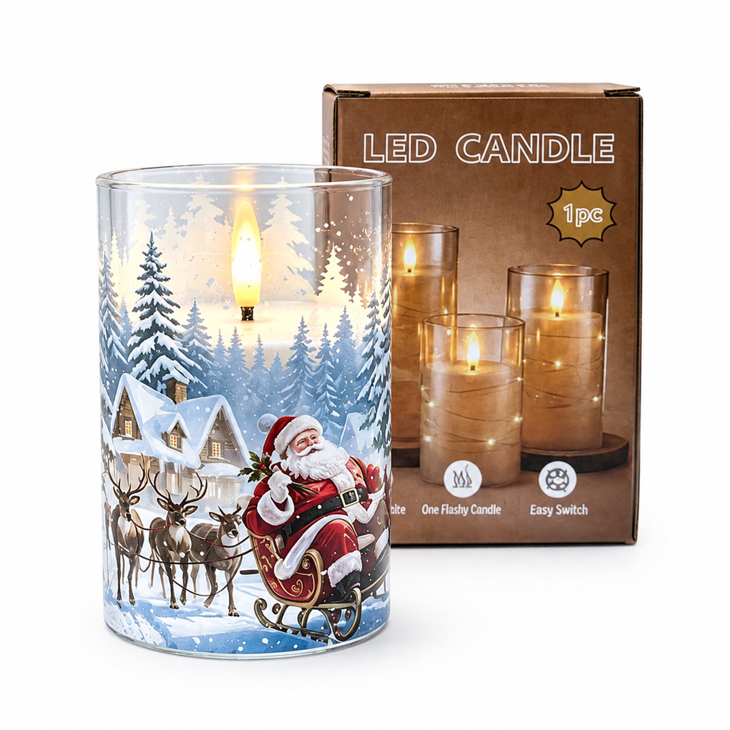 led kaarsen met kerstmanprint - 1 stuk, 7,5 x 12,5 cm, warme gele led-vlam, op batterijen, handmatige bediening, in doos, zonder batterijen
