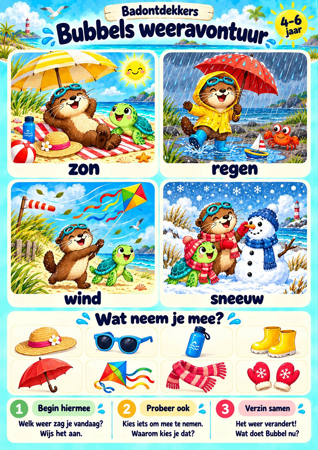 Badontdekkers educatieve Badposter Bubbels weeravontuur – 4–6 jaar - A3 - Herplakbaar Multi colour